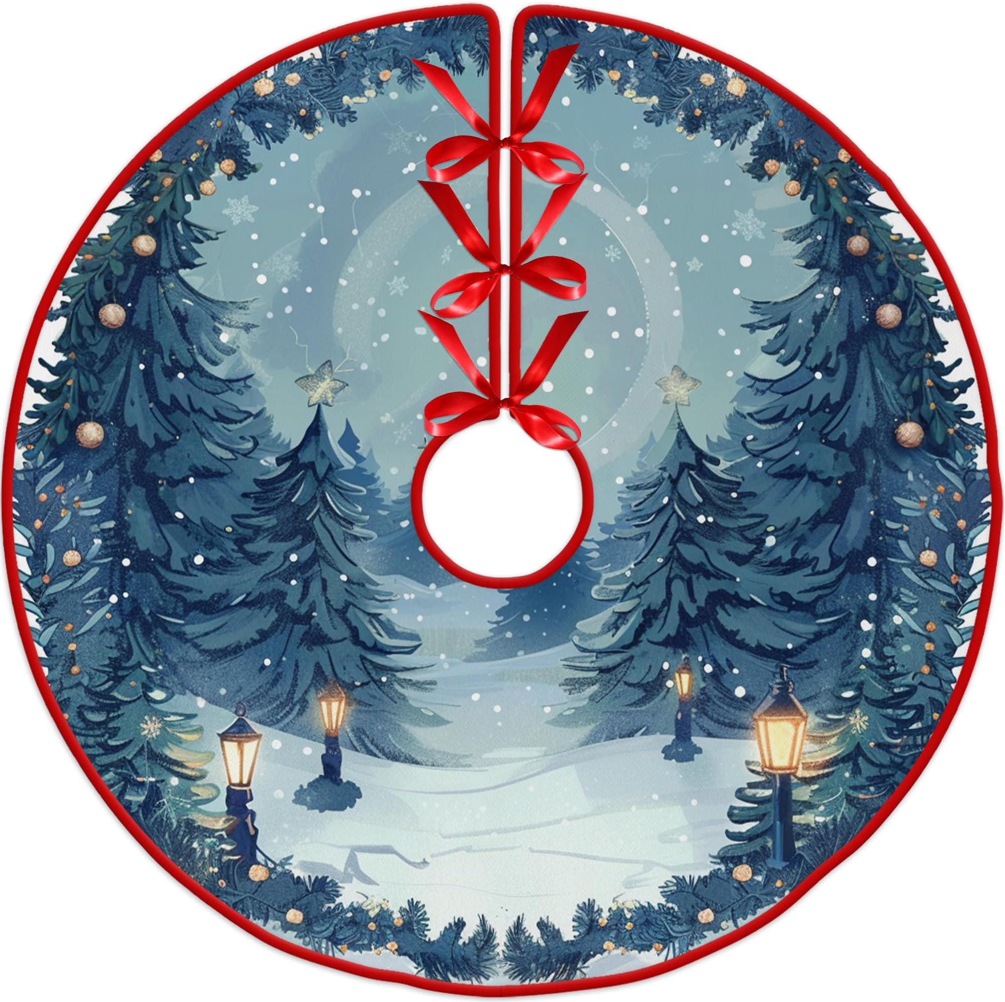 Christmas Nature Christmas Tree Skirt by Leo Walker, 30 Inch to 48 Inch Red Countryside Tree Skirt, Rustic Tree Mat for Home Party Holiday Winter Indoor Xmas Decorations