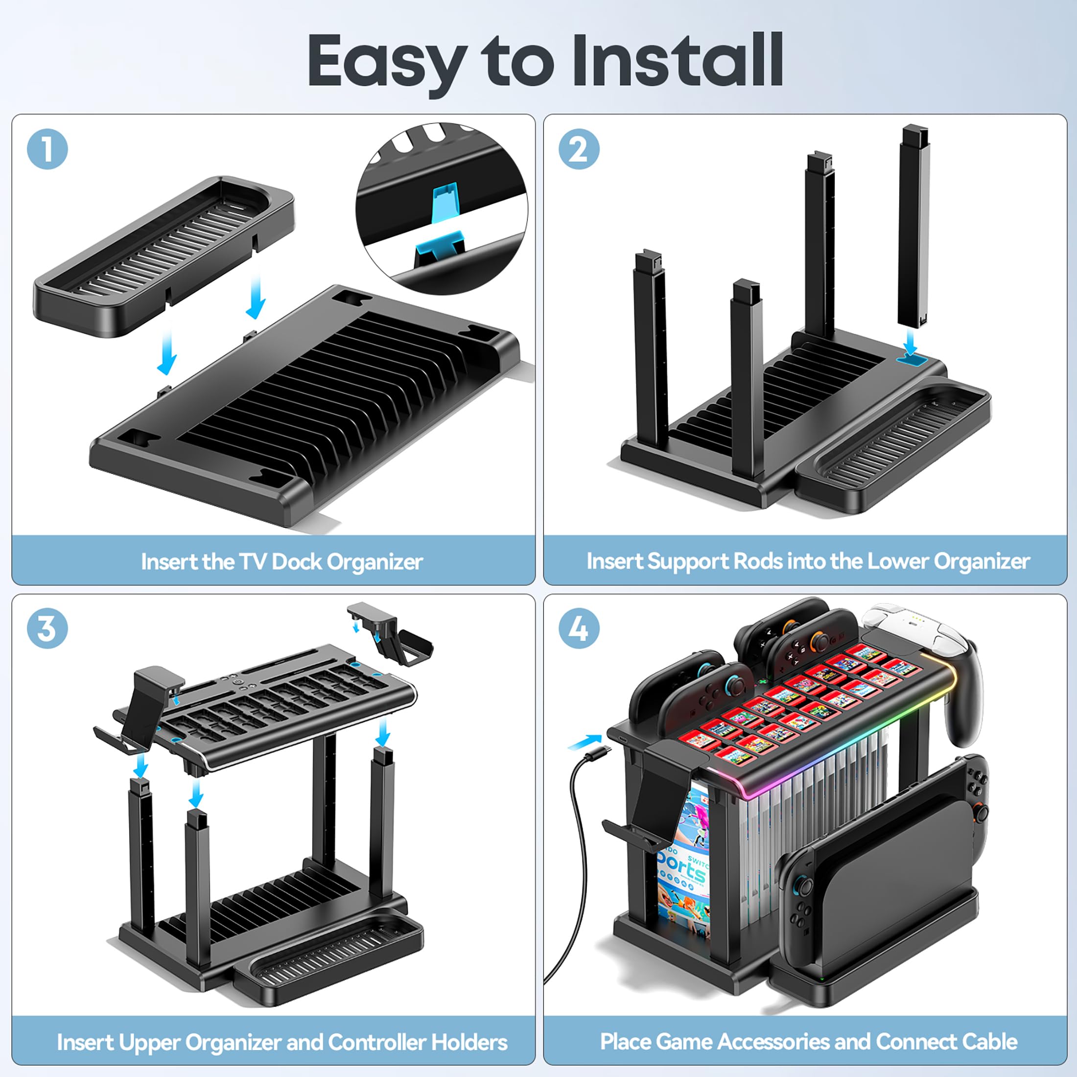 Gersker Station d'organisation Switch 2 avec Chargeur de Manette, Rangement et Organisateur pour Switch 2 (Pas Original/OLED), Station de Charge avec Lumière Ambiante, 18 Fentes pour Cartes de Jeu
