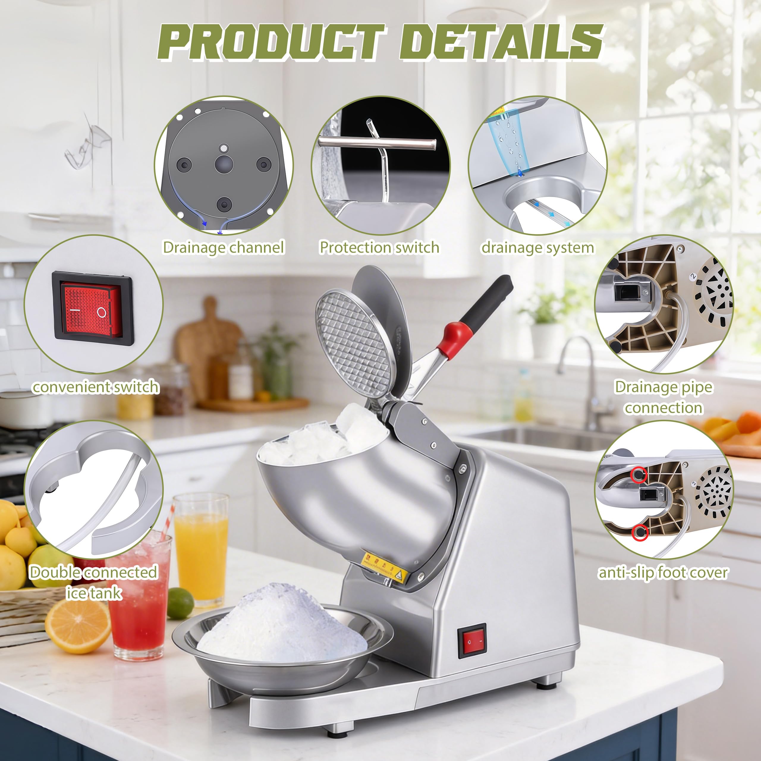 Broyeur à Glace électrique, Broyeur à Glace en Acier Inoxydable avec 8 Lames et d'un bol, 65 kg/h-Double Couvercl, Idéal pour la Préparation de Smoothies, Boissons Fraîches et Thés au Lait