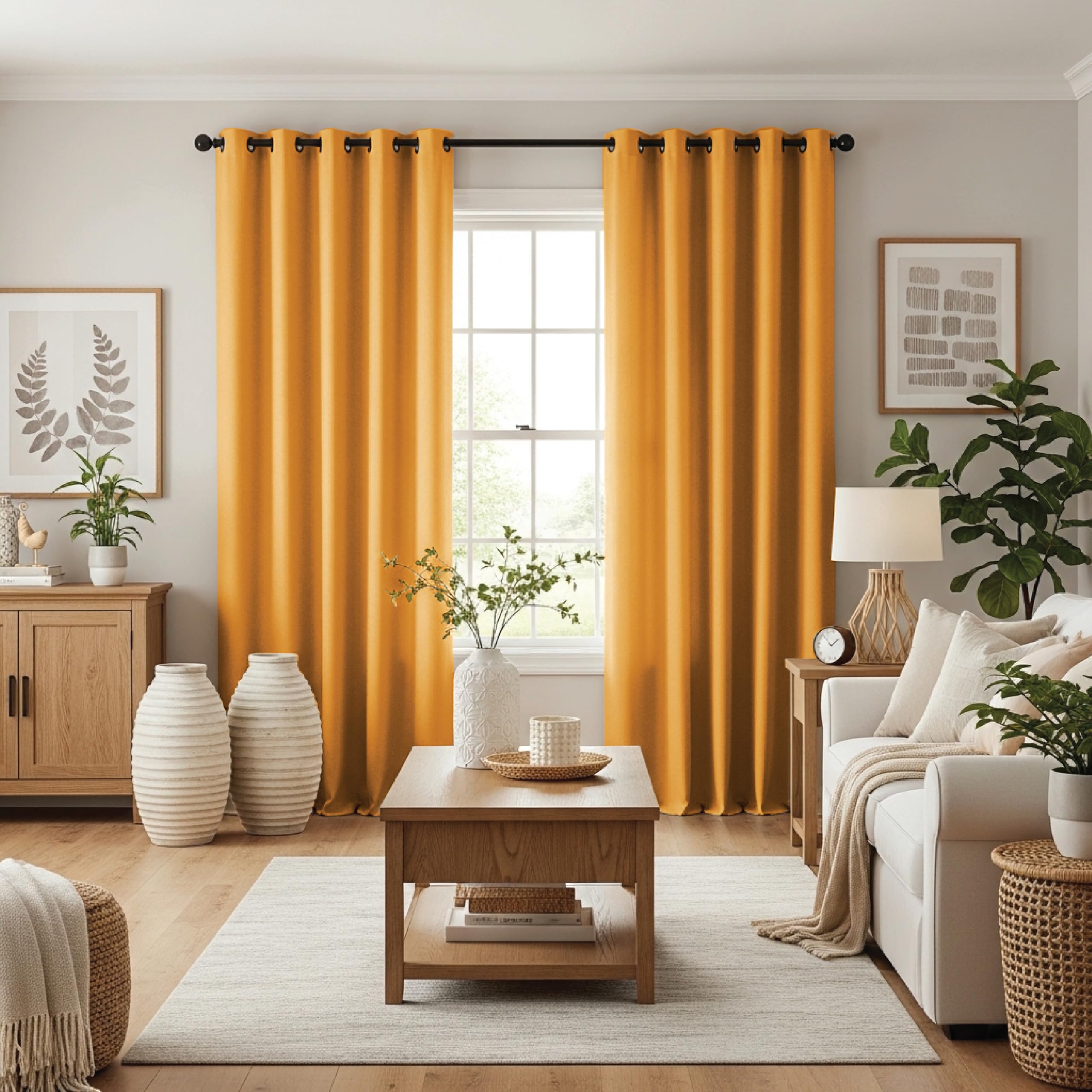 Ev Dekor® EVCRTN01 Thermal Blackout Curtains for Bedroom, Offices, Hotels Windows 90"(228cm) Wide X 90"(228cm) Long, Ochre - 2 Panels with Tie Backs