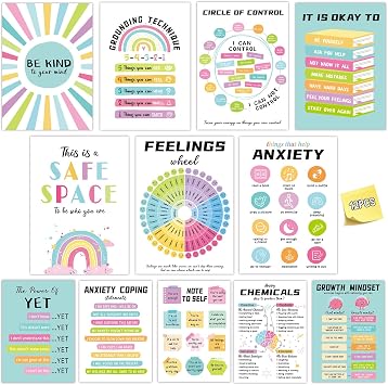 Fuwane 12Pcs Mental Health Posters, 10"X14" Therapy Office Decor, Counseling Offices Must Haves School Classroom Office Wall Art Decor Mental Health Awareness Posters Inspirational Positive Poster