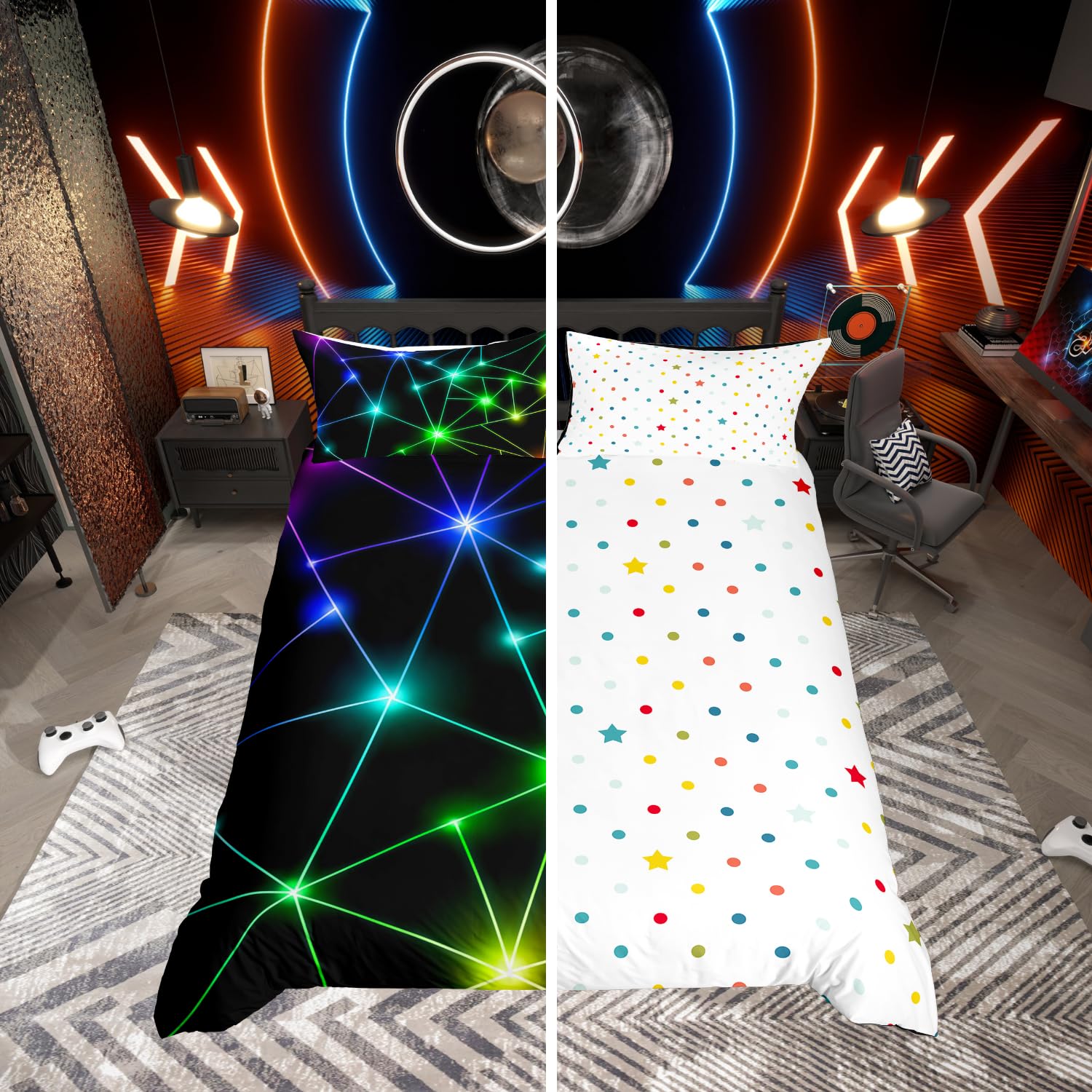 Homewish Geometric Triangle Double Duvet Cover Set Reversible Stars Bedding Neon Quilt Cover with 2 Pillowcases, Abstract Colorful Rays Printed Bed Sets for Teens Boys Girls Bedroom