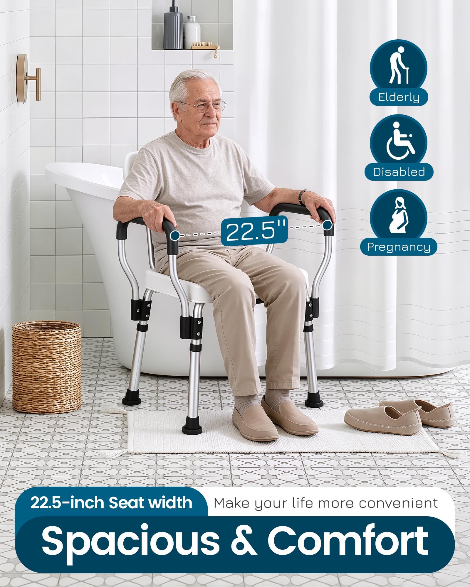 HDB-796C - Silla de ducha para ducha interior con respaldo, asiento de ducha resistente para bañera - Asiento de baño de seguridad de altura ajustable para ancianos discapacitados y
