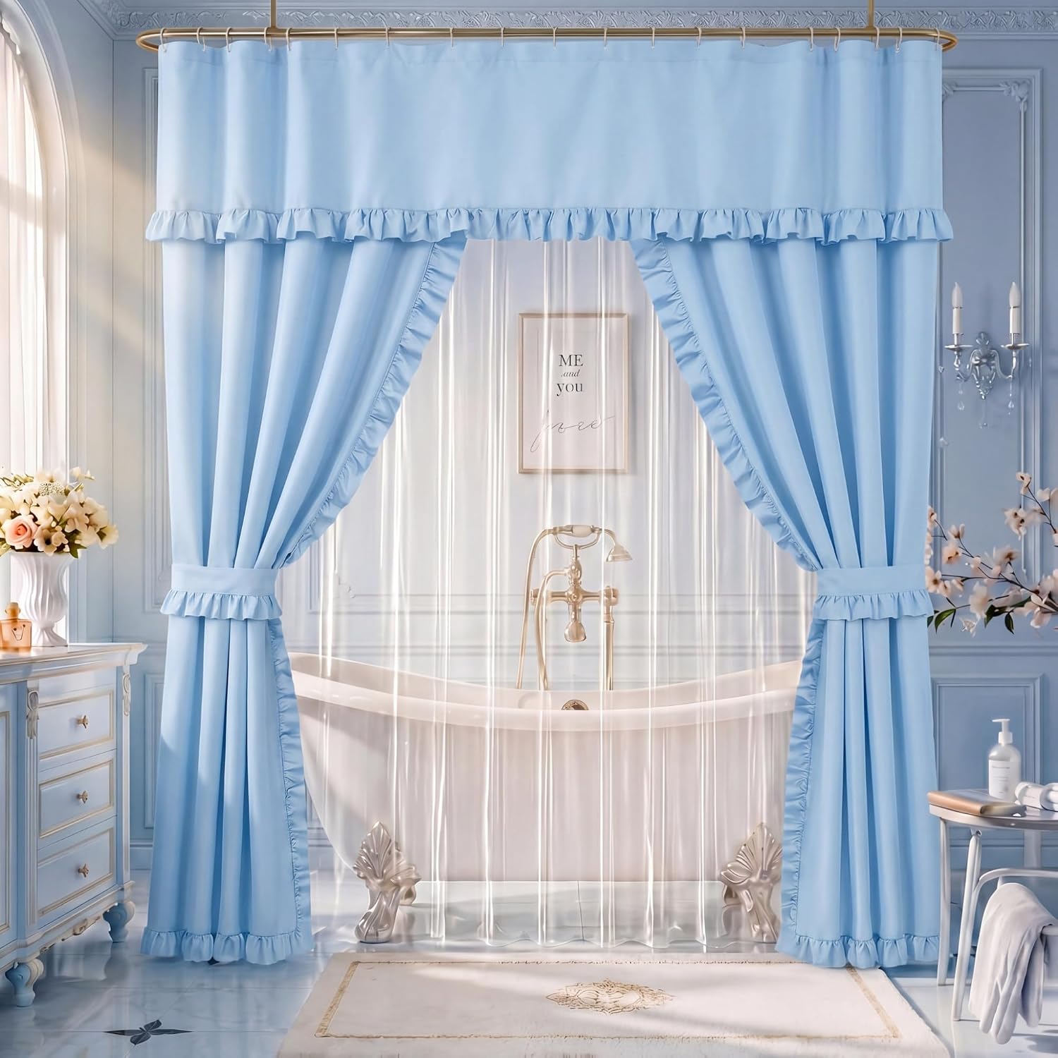 Redbaker 2 Pcs 70 x 72 Inch Double Swag Ruffled Shower Curtains Set with Waterproof Liner Peva Shower Curtain Boho Farmhouse Ruffled Swag Curtain with Rings Valance for Bathroom Home Decor(White)