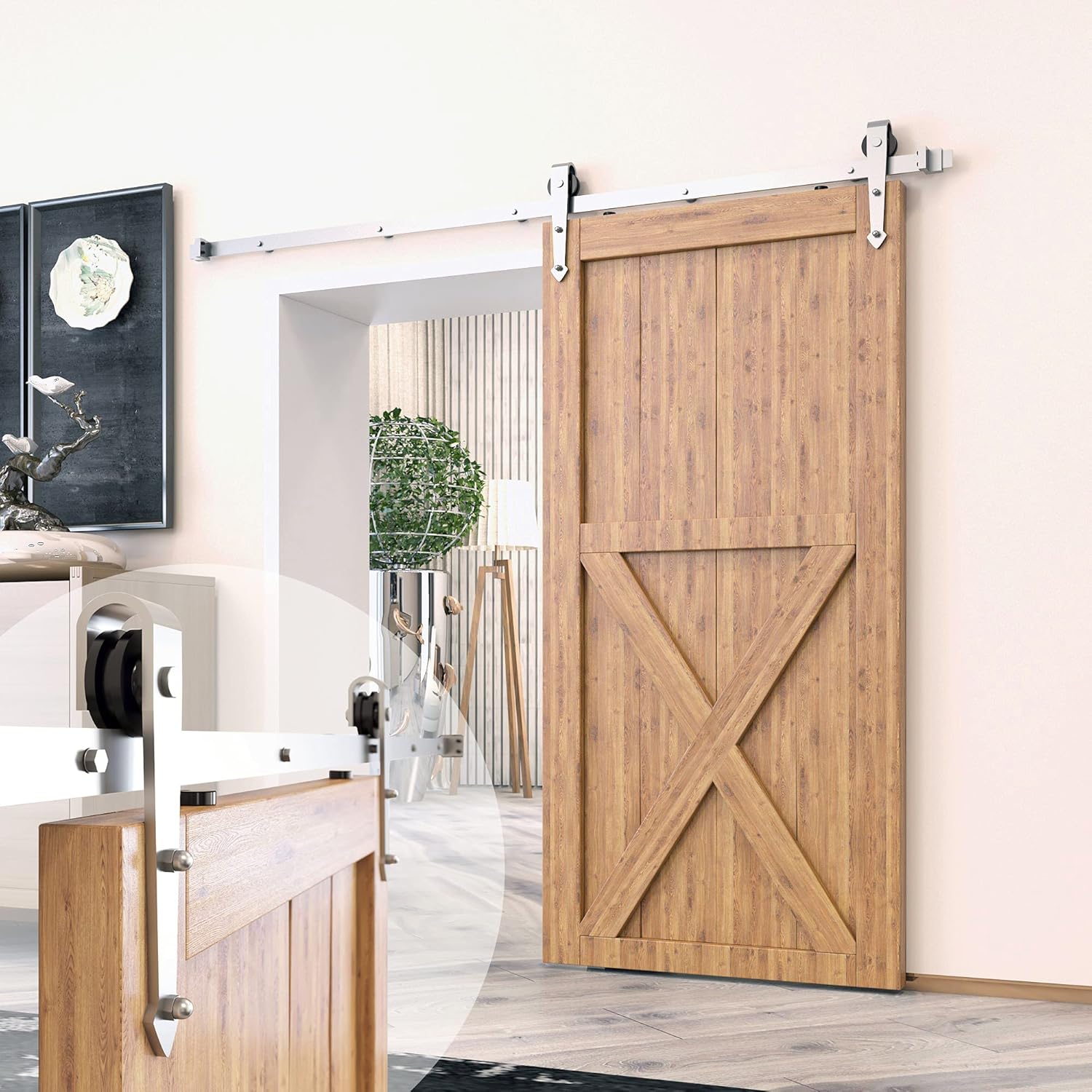 Homacer Brushed Nickel Non-Bypass Sliding Barn Door Hardware Kit, for One/Single Door, 16ft Long Flat Track, Arrow Design Roller, Heavy Duty, for Interior & Exterior Use