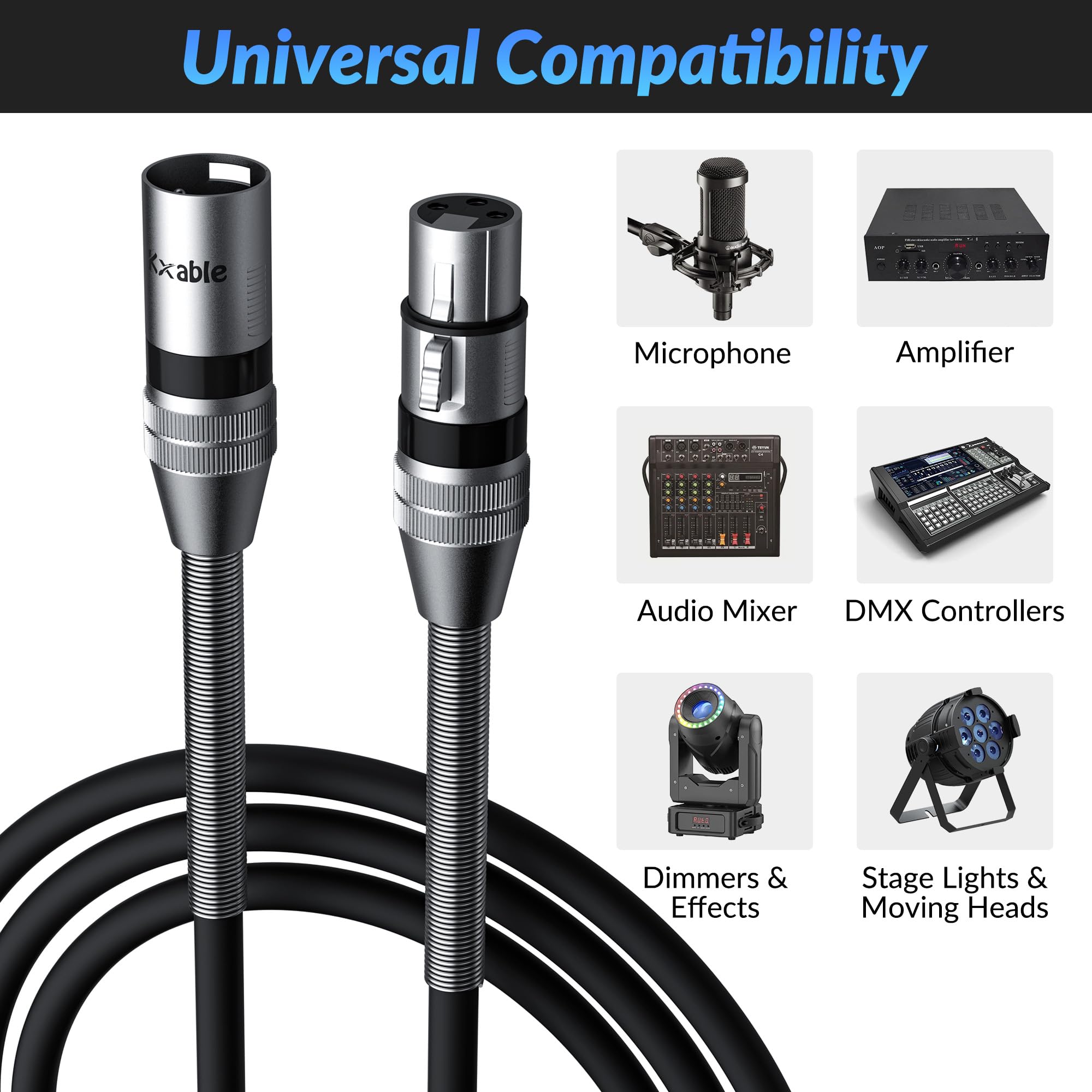 2er-Pack DMX-XLR-Kabel, 2,5 m, Bühnenbeleuchtungskabel, 110 Ohm Impedanz, DMX-Stecker auf Buchse (XLR-kompatibel), 3-polig, geschirmtes Signalkabel, für XLR DJ Moving Head Par Light Mic Mixer