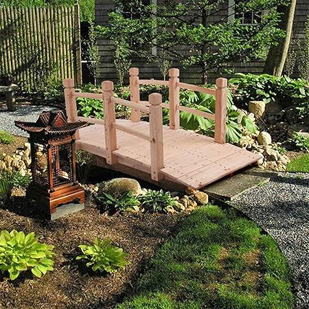 Image SWWL Garden Wooden Bridge Arc With Safety Rails - 500LB Weight Capacity Slatted Walkway Surface - Rustic Decoration For Outdoor Backyard Pond,59.06 X 26.38 X 22.05 inch (L X W X H)
