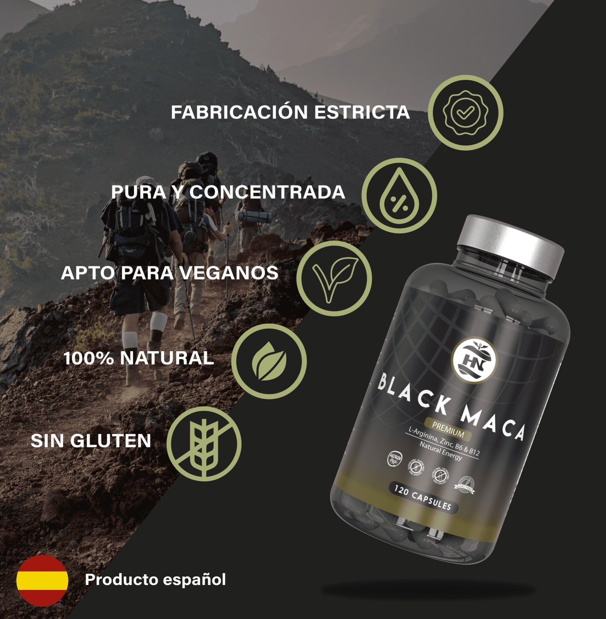 Maca Negra Andina Peruana con L arginina 24000 mg Altamente Concentrada 20:1 para máxima energía y rendimiento, Vitaminas B6 y B12 contra cansancio y fatiga Maka para hombres y mujeres (120x3 botes)