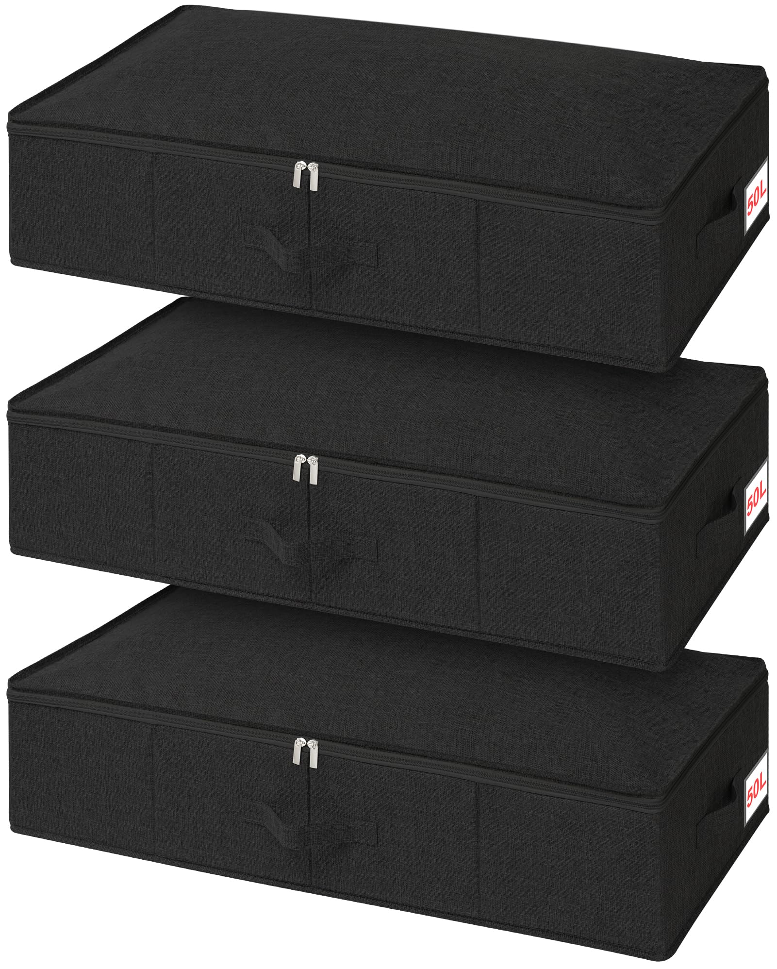Huquter 3 Pack 50L 17 cm Tall Underbed Storage Boxes with Lids, Under Bed & Sofa Storage w/Rigid Sides, Base & 3 Sturdy Handles, Large Foldable Fabric Storage for Clothes, Duvets & Blankets, Black