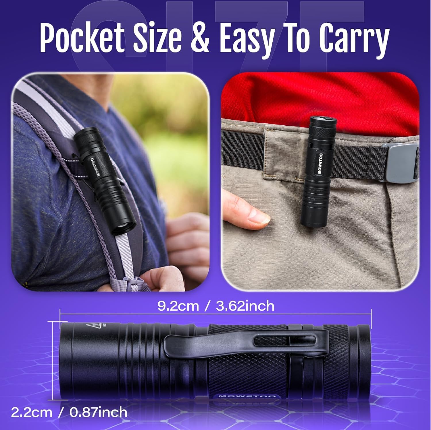 MOWETOO UV Torch Rechargeable - Mini LED UV Lamp Black Light Flashlight, 395nm Zoomable Ultraviolet Light Torch for Pet Urine Testing, Banknote Inspection - 3