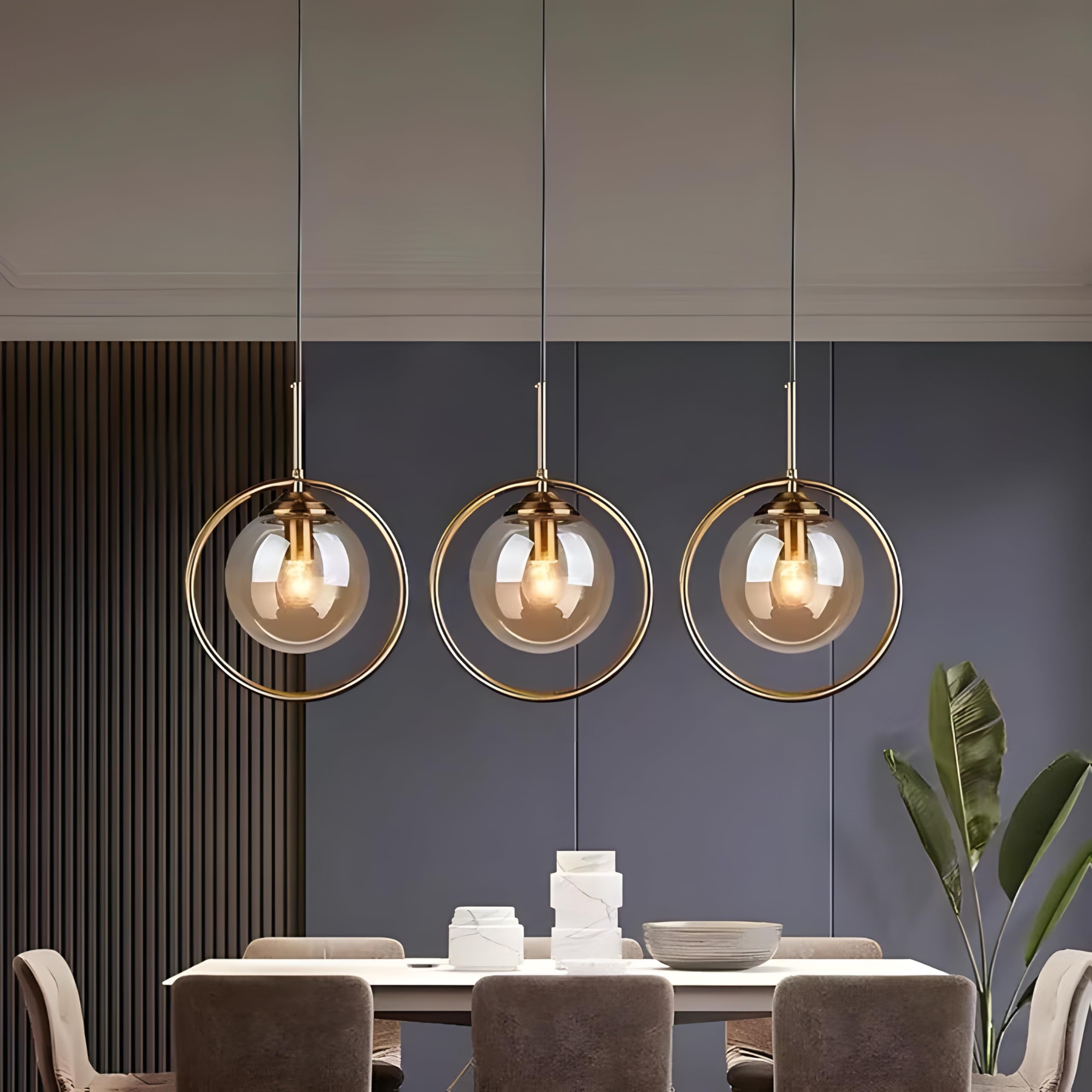 Golden Metal & Smoke Glass Hanging Ring Light for Living Room, Bedroom, Home Decoration, Pendant Lamp (E27 Bulb Holder) (Without Bulb, 3, Pack)-image-4
