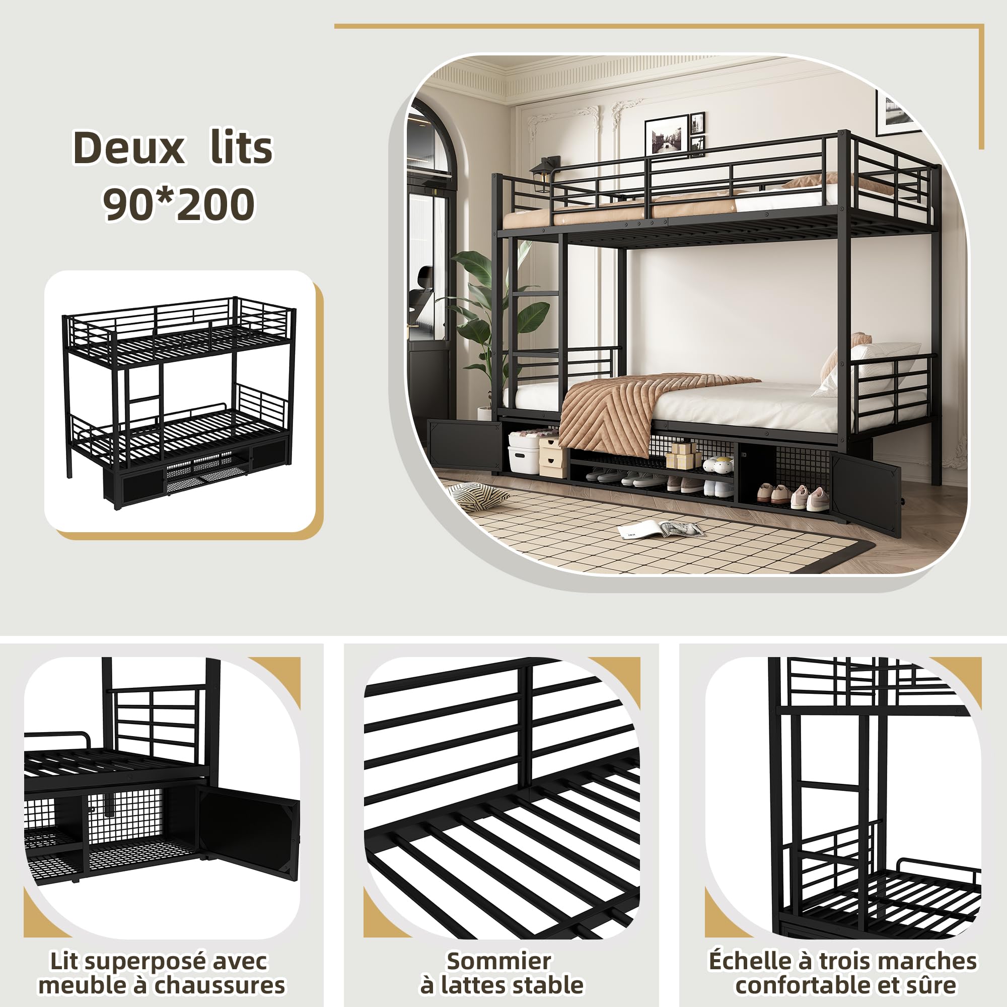 Litera, Cama con Marco de Hierro, Zapatero Abierto, Armario de Almacenamiento pequeño de Doble Puerta, con Escalera Lateral, con Rejilla anticaídas, Color Negro, 90x200cm