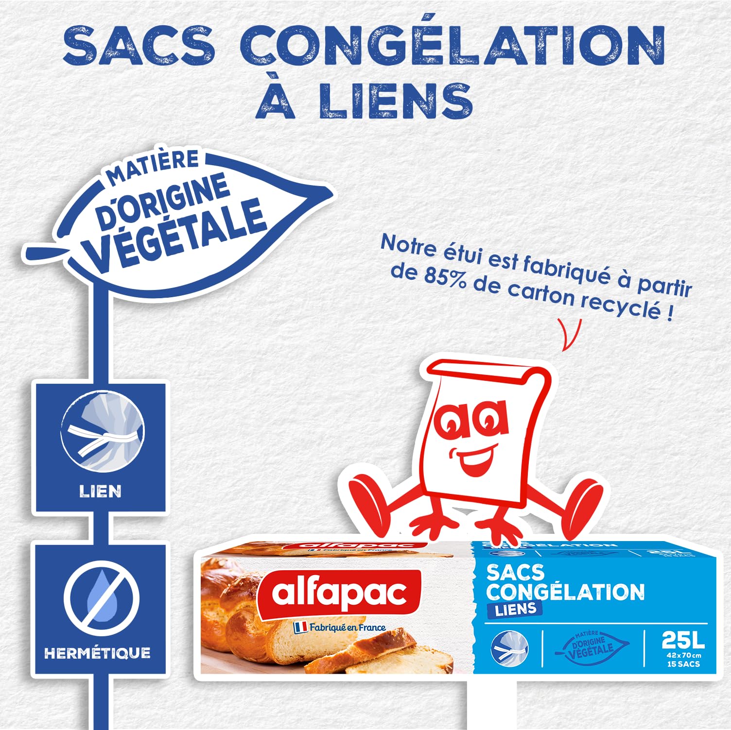 Alfapac - Set di 15 sacchetti per congelazione, materiale di origine vegetale, formato XXL, prodotto in Francia, 42 x 70 cm