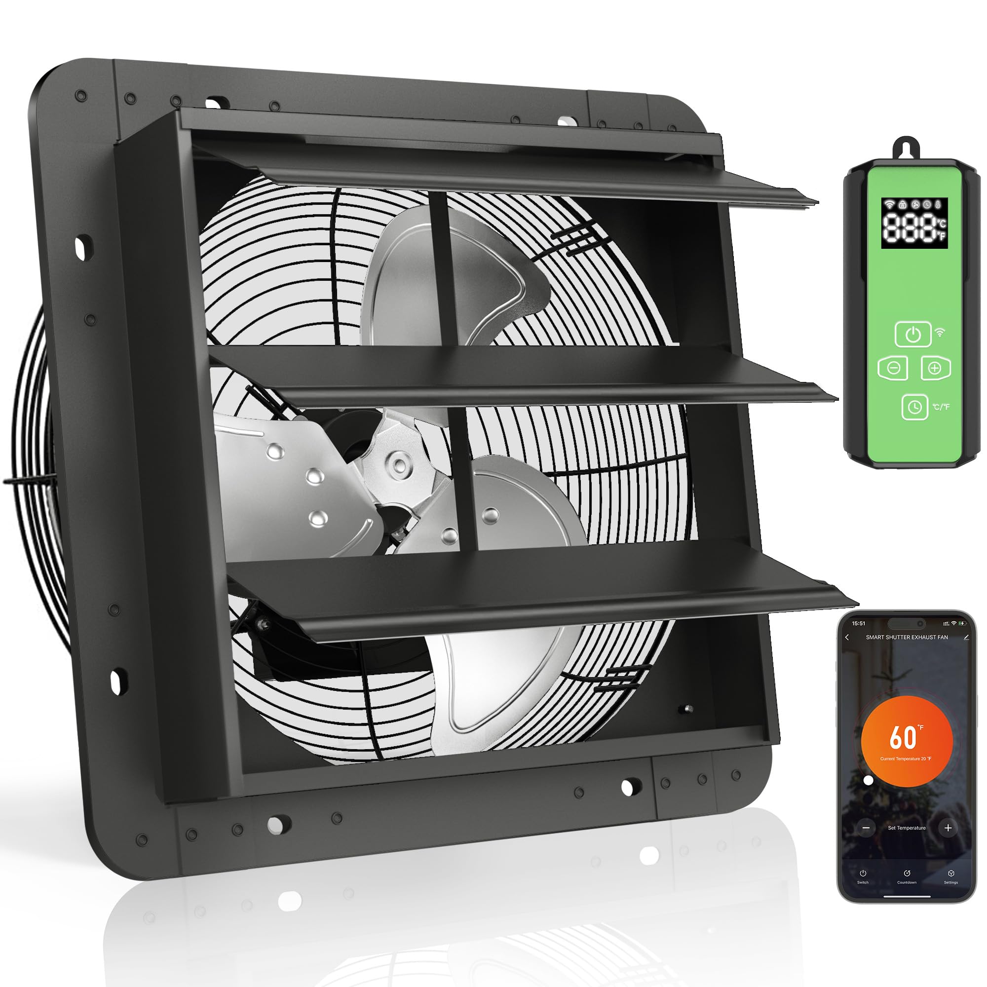 Kiroto 12 Inch Shutter Exhaust Fan, 1600 CFM High-Speed Vent Fan with Temperature and Timer Control, Wall-mounted Window Attic fan, Gable Fan with APP WIFI Remote Control, 12" Garage Exhaust Fan