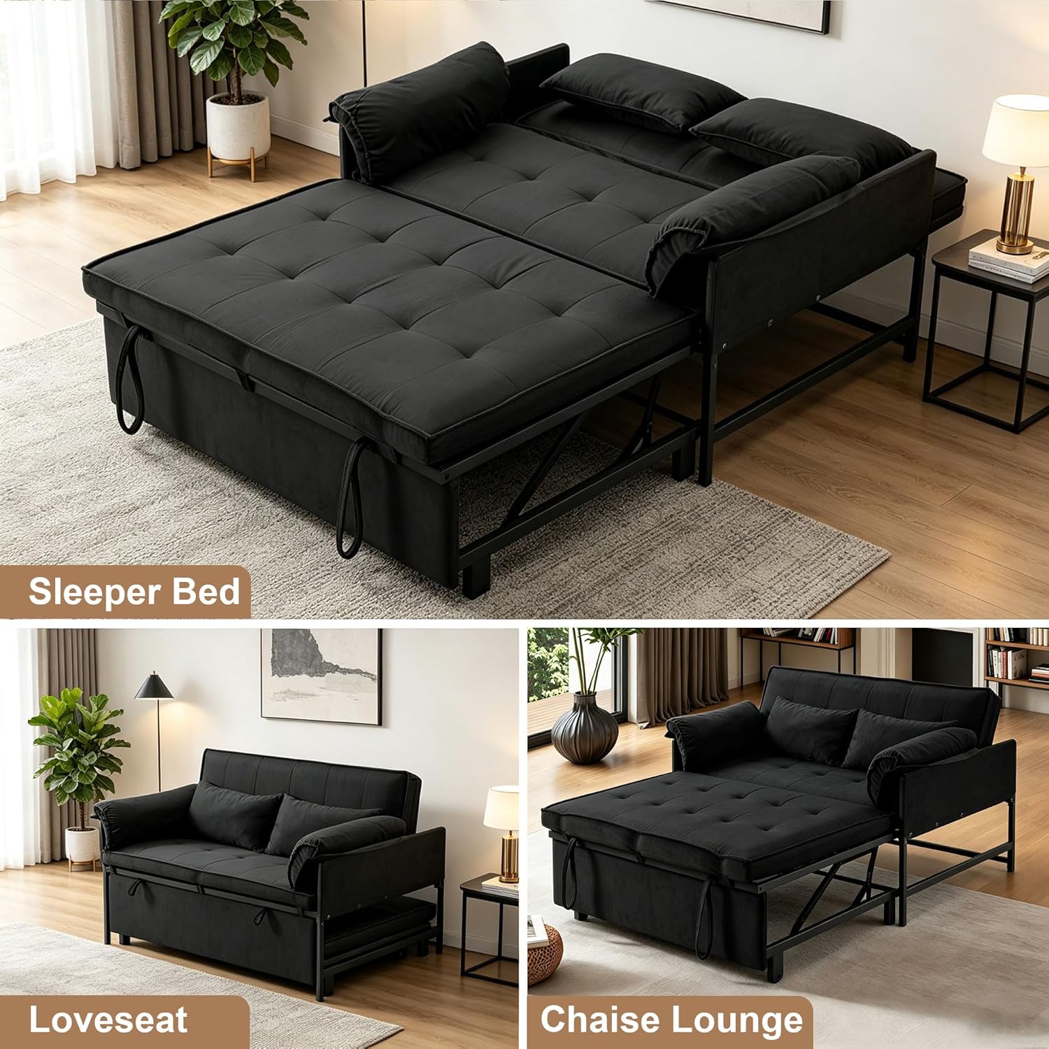 Convertible Sofa Bed, 3-in-1 Pull Out Couch Loveseat Sleeper Sofa with Adjustable Backrest & Soft Pillow, Small Couch for Small Spaces, Living Room, Apartment, Bedroom, Black