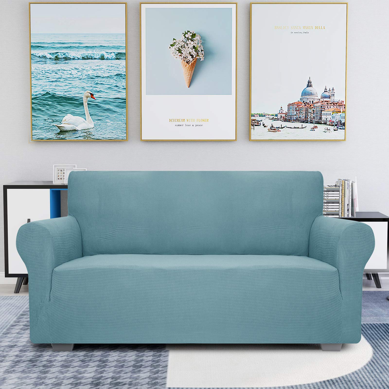 JIVINER High Stretch 1-Piece Jacquard Small Checks Couch Covers for 2 Cushion Couch Anti Slip Love Seat Sofa Covers Loveseat Slipcovers Protector for Kids Pets (Medium, Light Blue)