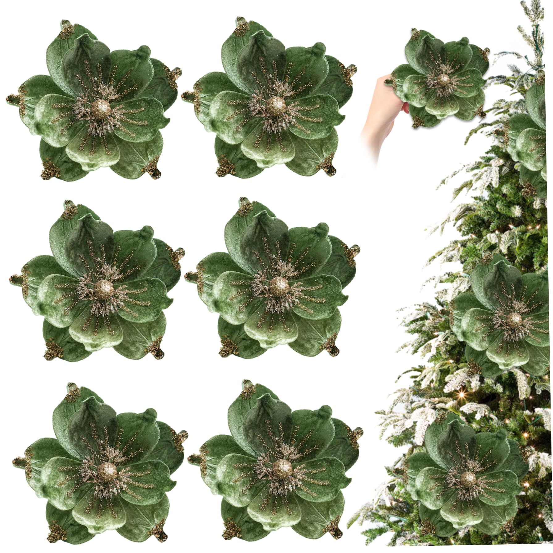 CAKEEYUM 6Pcs Christmas Flowers, Green Magnolia Flowers Ornaments Artificial Realistic 9.5 Inch Large Glitter Decorative Christmas for Vase, Tree, Wreath, Magnolia Fl