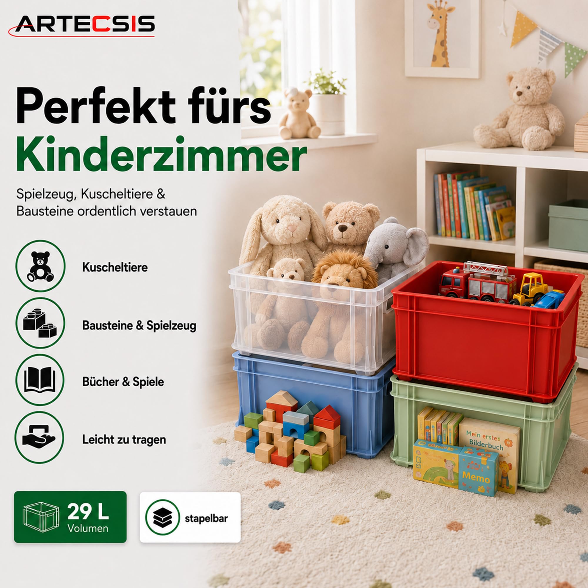 ARTECSIS® 3 x Kunststoffkiste 29L (stapelbar) rot - Transport & Lagerbox (41x34x24cm) - Aufbewahrungsbox & Lagerkiste aus stabilem Kunststoff - Ordnungsbox & Transportkiste Garten & Werkstatt