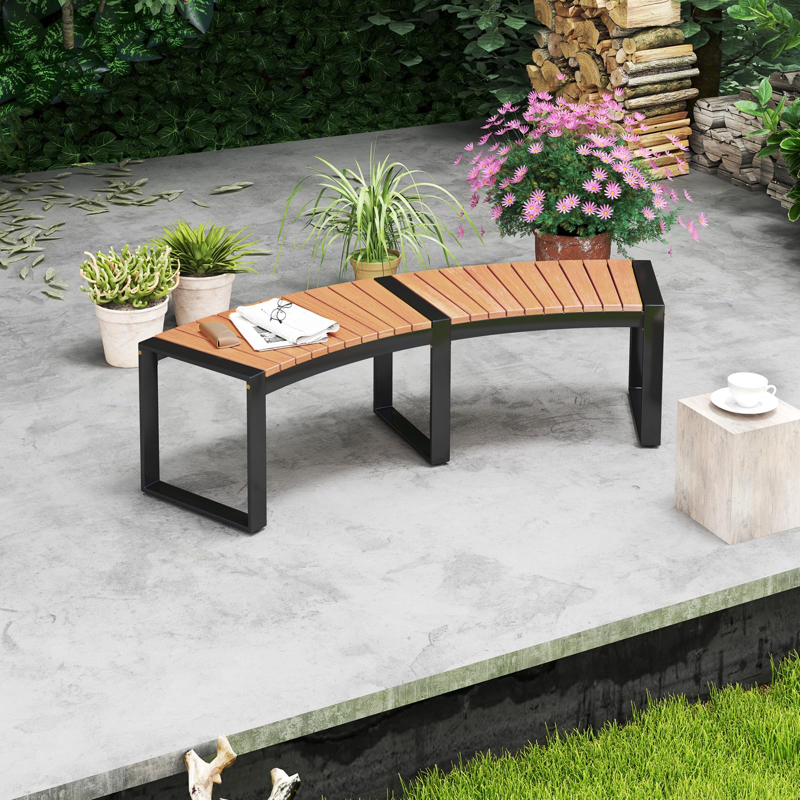 GOPLUS Gartenbank Holz, 2-3 Sitzer Holzbank wetterfest, Sitzbank Outdoor, gebogen, Parkbank ohne Rücklehne, bis zu 360kg belastbar, Bank Garten Terrasse Balkon (Natur,2)