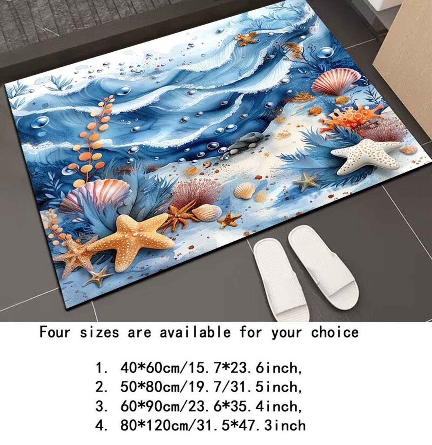 Tapis d'intérieur 3D réaliste motif océan galets super absorbant terre de diatomée ultra fin antidérapant séchage rapide pour salle de bain douche se glisse sous porte (C, 80 x 120 cm)