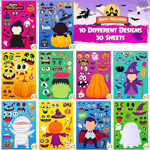 Miniatura 2 de Calcomanías de Halloween para niños, 50 hojas, juegos de fiesta de Halloween, bricolaje, hacer una cara, regalos de fiesta de Halloween, calcomanías