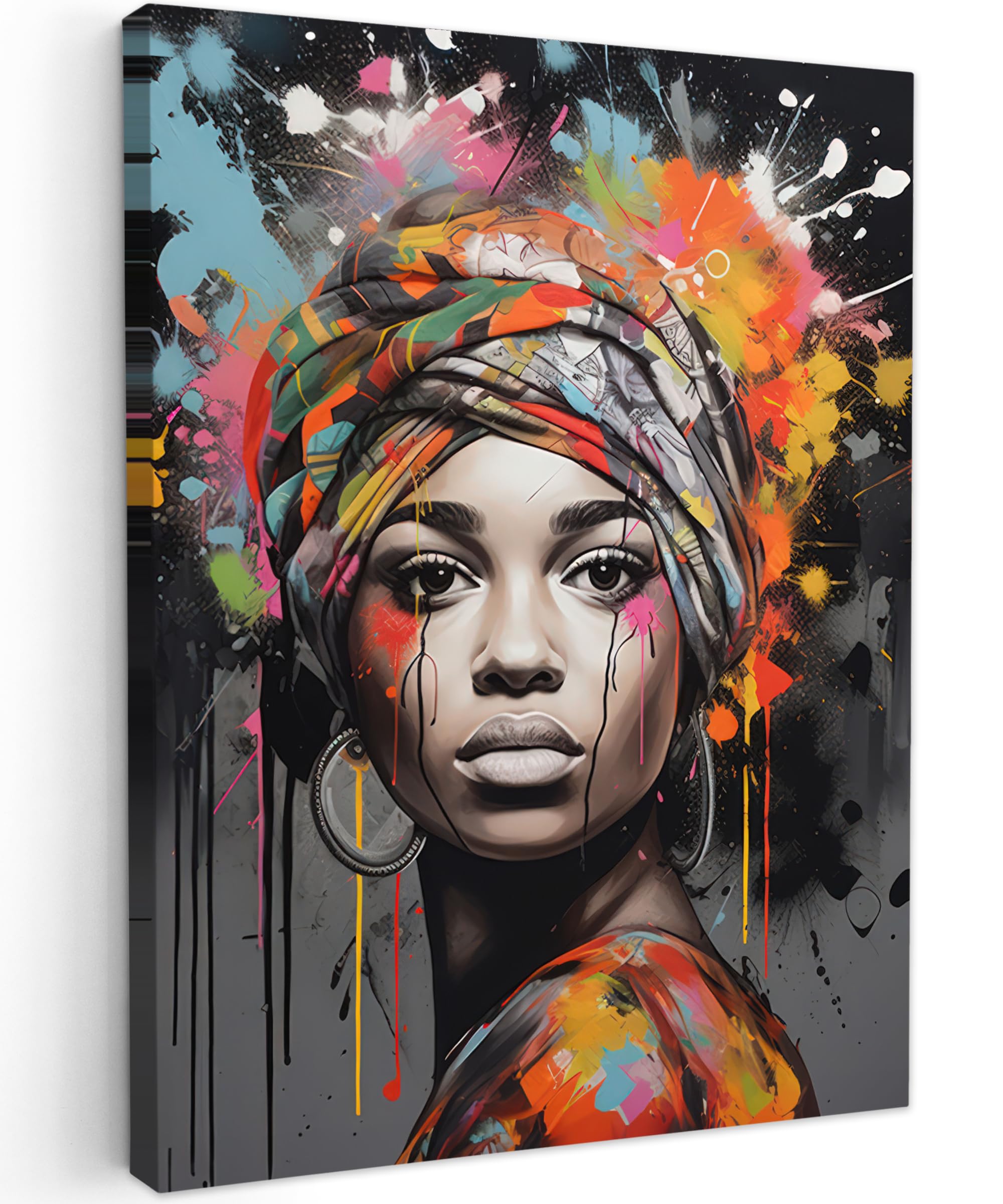 MuchoWow© Cuadros Salon Modernos 50x70 cm Adornos Pared Decorativos Dormitorio Lienzo Pinturas Quadro Decoración Mujer - Pañuelo - Graffiti - Negro