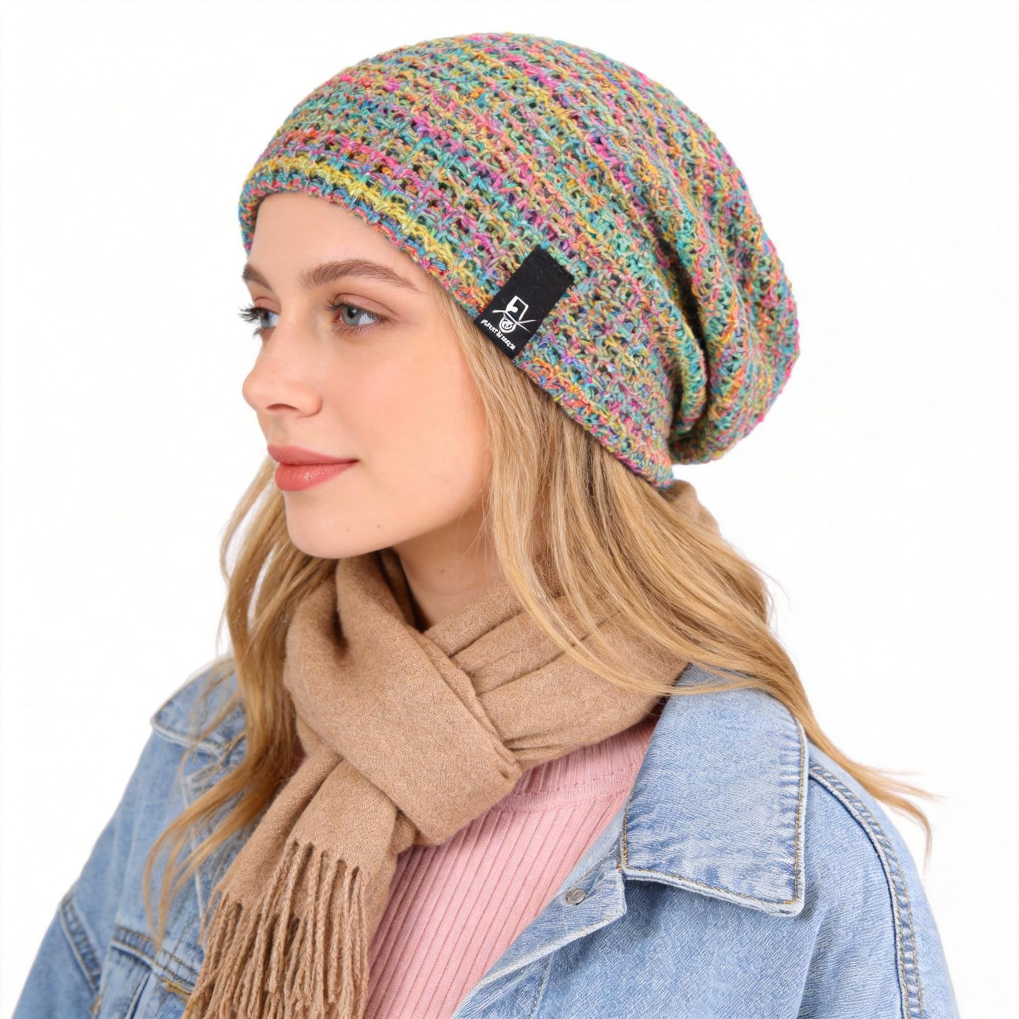 Ruphedy Women's Blue/Confetti Slouchy Beanie Hat Knit Long Baggy Slouch Skull Cap For Winter, One Size