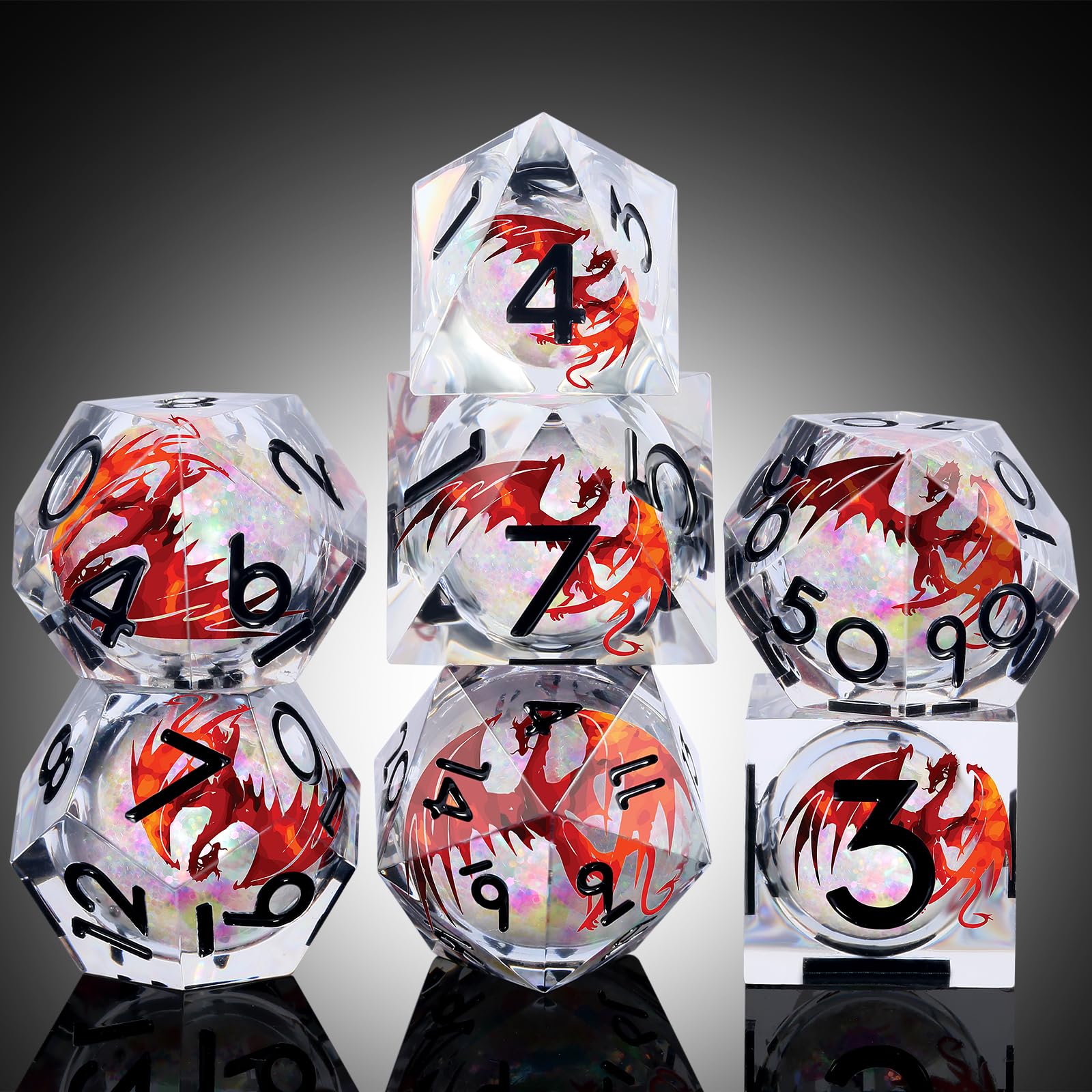 Dés tranchants DNDND Red Dragon avec chiffres noirs | Liquid Core D&D dés 7 pièces | Étui en métal sur le thème du dragon | Cadeau idéal pour RPG