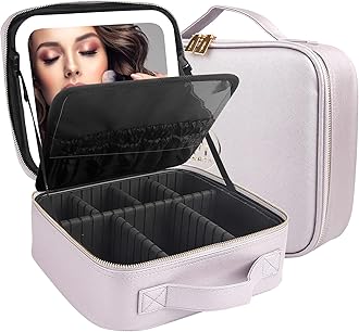 MOMIRA Travel Cosmetic Train Case with Lighted Mirror 3 Color Scenarios Cosmetic Bag Organizer with Adjustable Dividers Makeup Storage for Women, Makeup Accessories & Tools Case Violet Grey