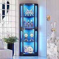 BROTTAR 65" Black Corner Glass Display Cabinet with LED Lights, 4-Tier Shelves, Human Sensor Doors for Collectibles & Liquor