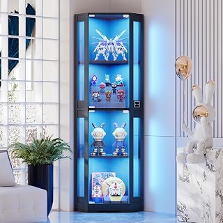 BROTTAR 65" Black Corner Glass Display Cabinet with LED Lights, 4-Tier Shelves, Human Sensor Doors for Collectibles & Liquor