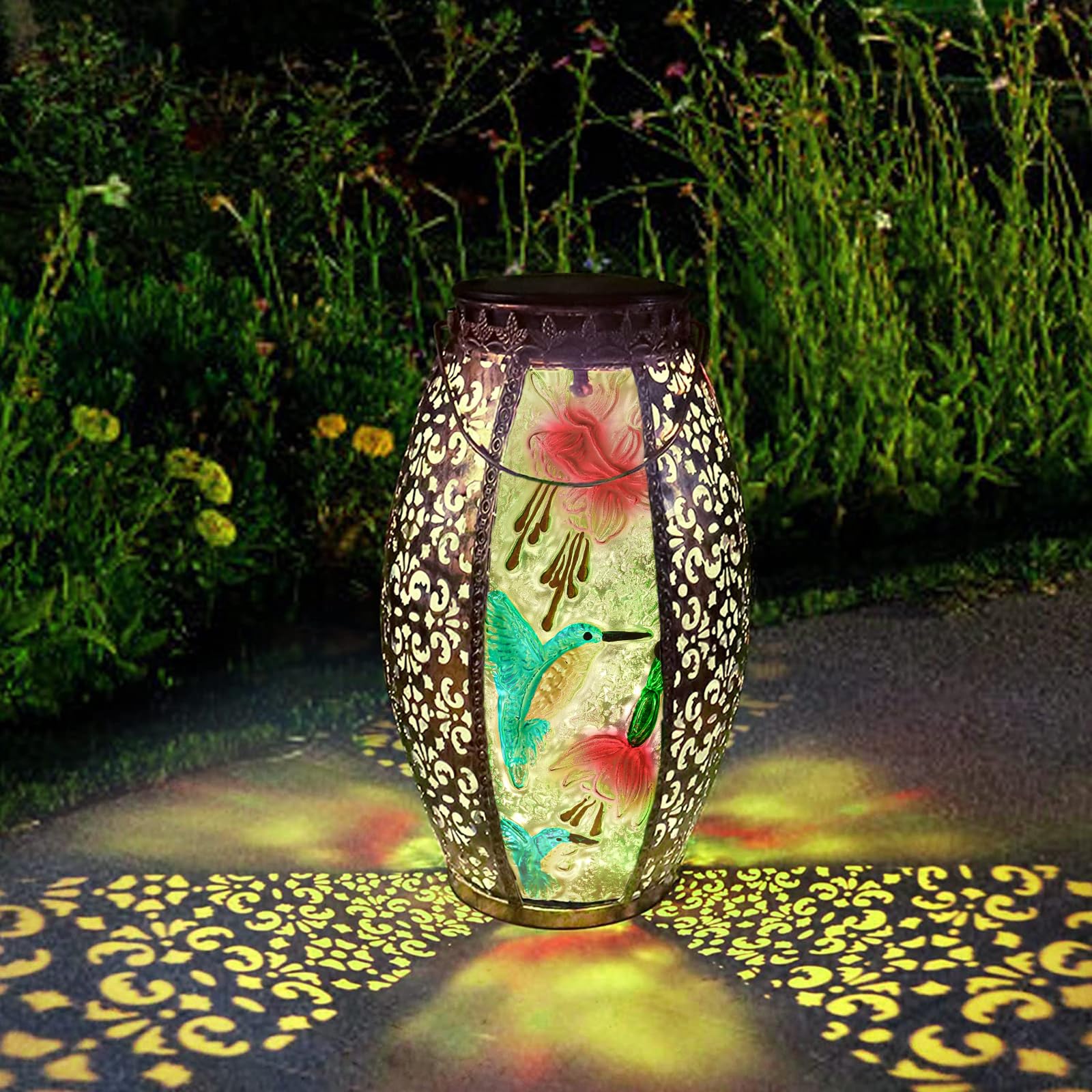 Outdoor Solar Lantern-Waterproof Hummingbird Hanging Metal Decorative Lights for Patio Table Garden Pathway Yard with Super Bright Warm White LED, Large Solar Panels, Auto On/Off
