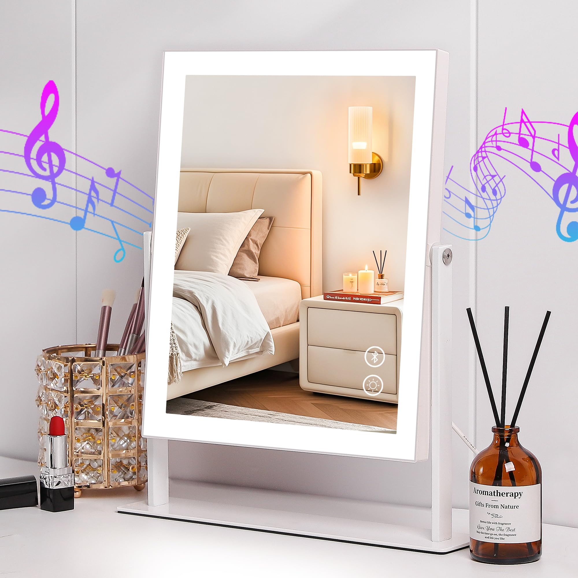 VANITII GLOBAL Vanity Makeup Mirror with Lights 9”x12” Hollywood Mirror with Music Speaker Dimmable 3 Color Lighting Light up Mirror with 10X Magnification 360 Degree Rotation for Bedroom Bathroom