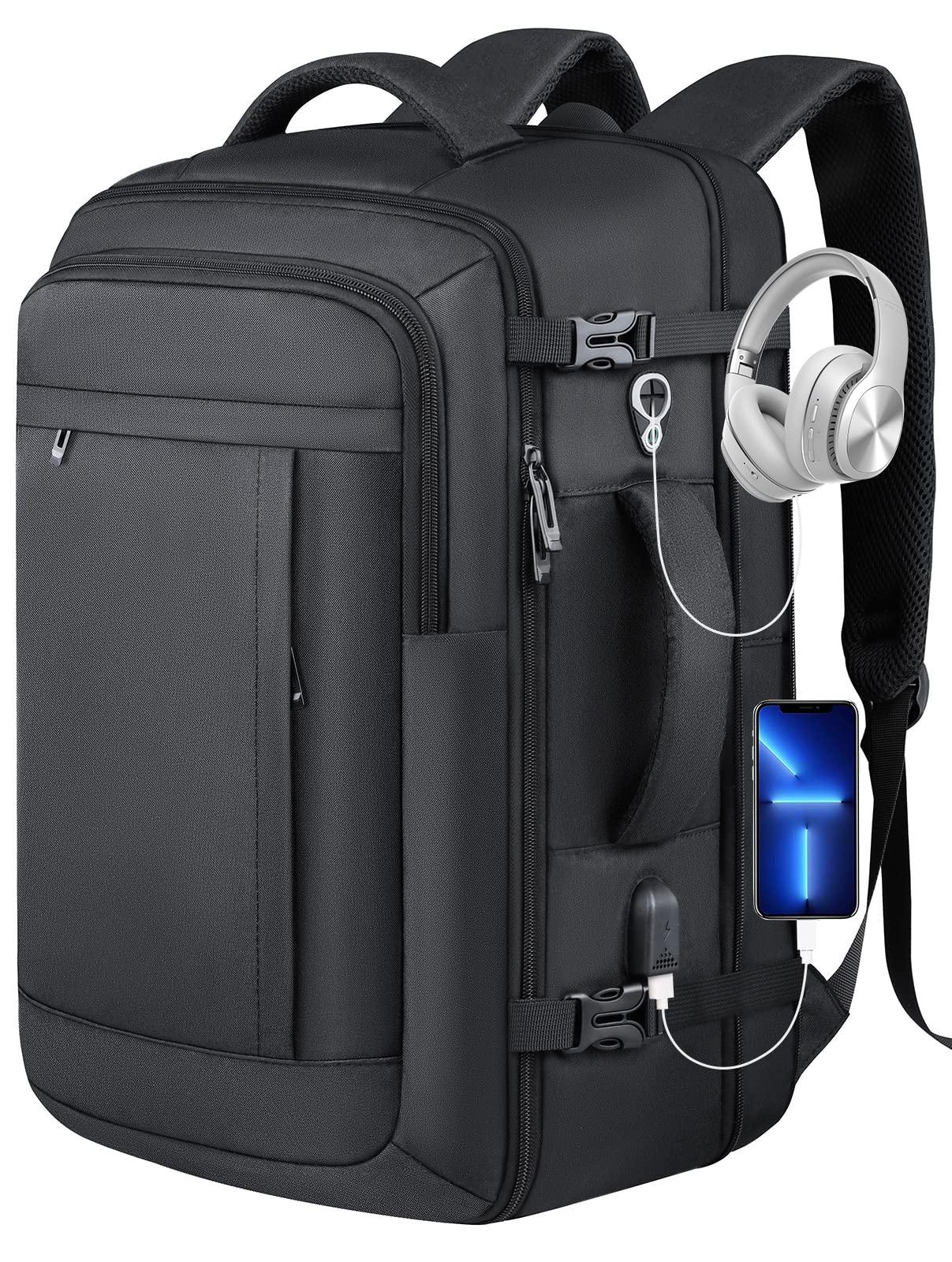 Large Expandable Backpack, 40L Capacity, Black, Unisex