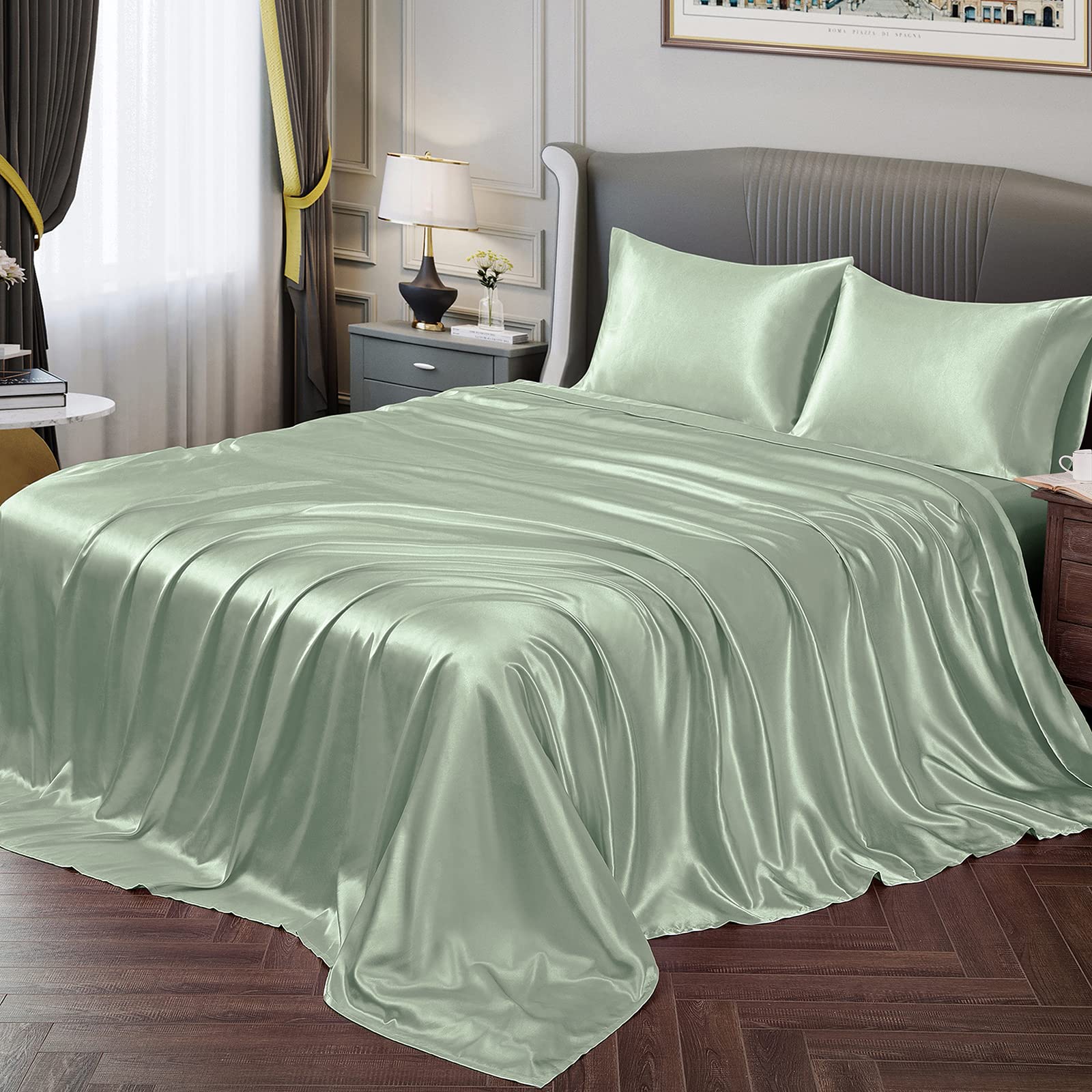 Vonty Satin Sheets Queen Silky Soft Satin Bed Sheets Sea Glass Satin Sheet Set, 1 Deep Pocket Fitted Sheet + 1 Flat Sheet + 2 Pillowcases
