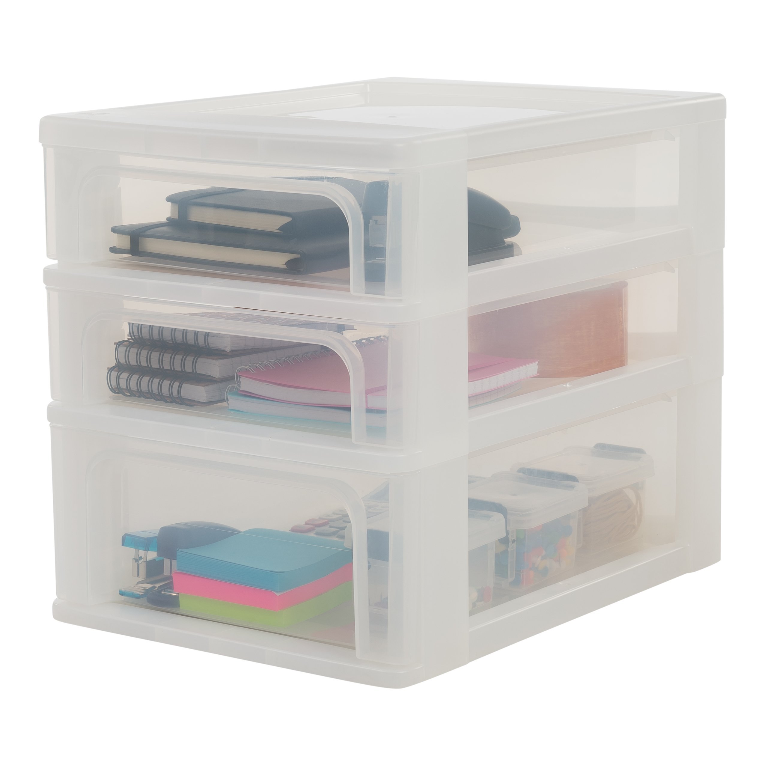 Iris Ohyama Desktop Storage Drawers Unit, 2 Shallow & 1 Deep Drawer, Frosted White, Easy-Pull Drawers, A4, Clear, For Home Office, Documents, Supplies, File, Paper Storage, BPA Free, OCH-2021