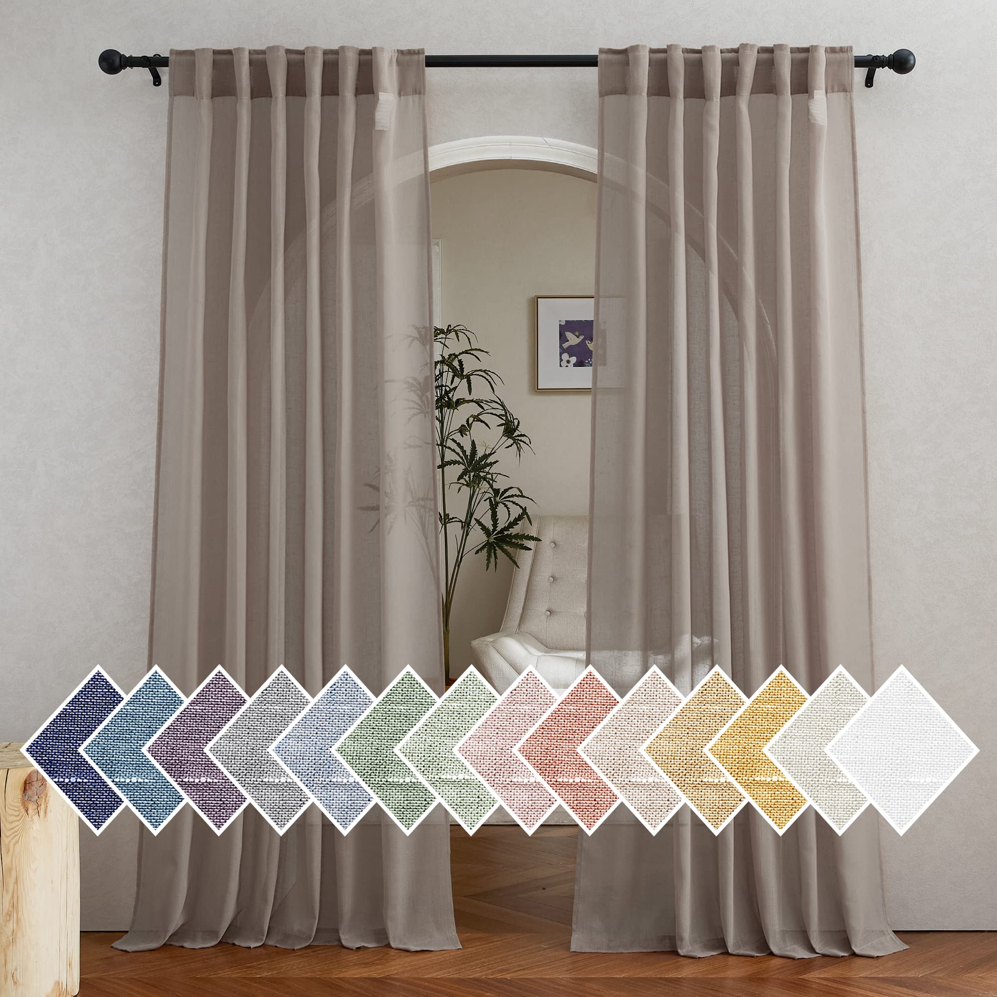 NICETOWN NICETOWN Sheer Linen Curtains for Windows 84 inch Length, (Burlap) Rod Pocket & Back Tab Semi Sheer Balance Privacy & Light Vertical Flax Drapes for Bedroom/Living Room, W52 x L84, 2 Panels