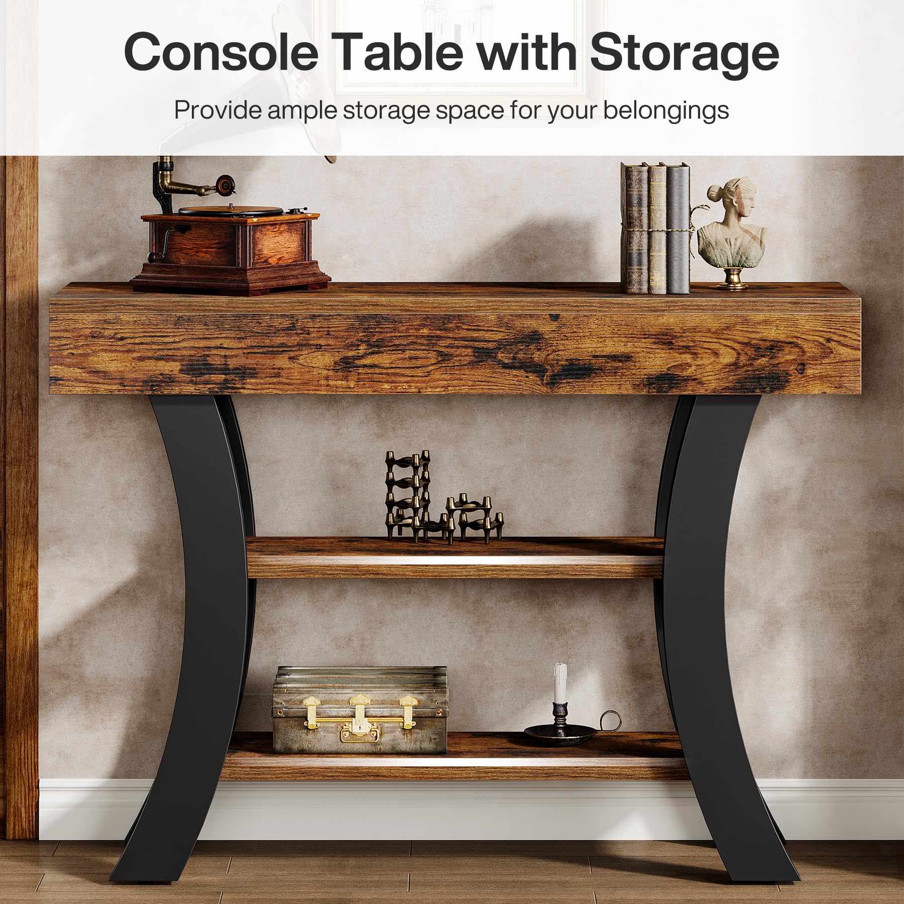 Tribesigns - Tavolo consolle piccolo da 105 cm per l'ingresso, tavolo da salotto rustico a 3 livelli con ripiani e cornice curva per soggiorno, ingresso, corridoio, foyer, marrone rustico