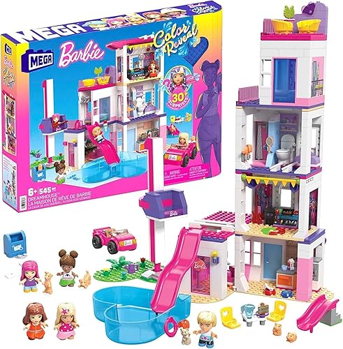 MEGA Barbie - Juego de juguetes de construcción de revelación de color, DreamHouse con 545 piezas, 5 micromuñecas, 6 mascotas y accesorios, más de