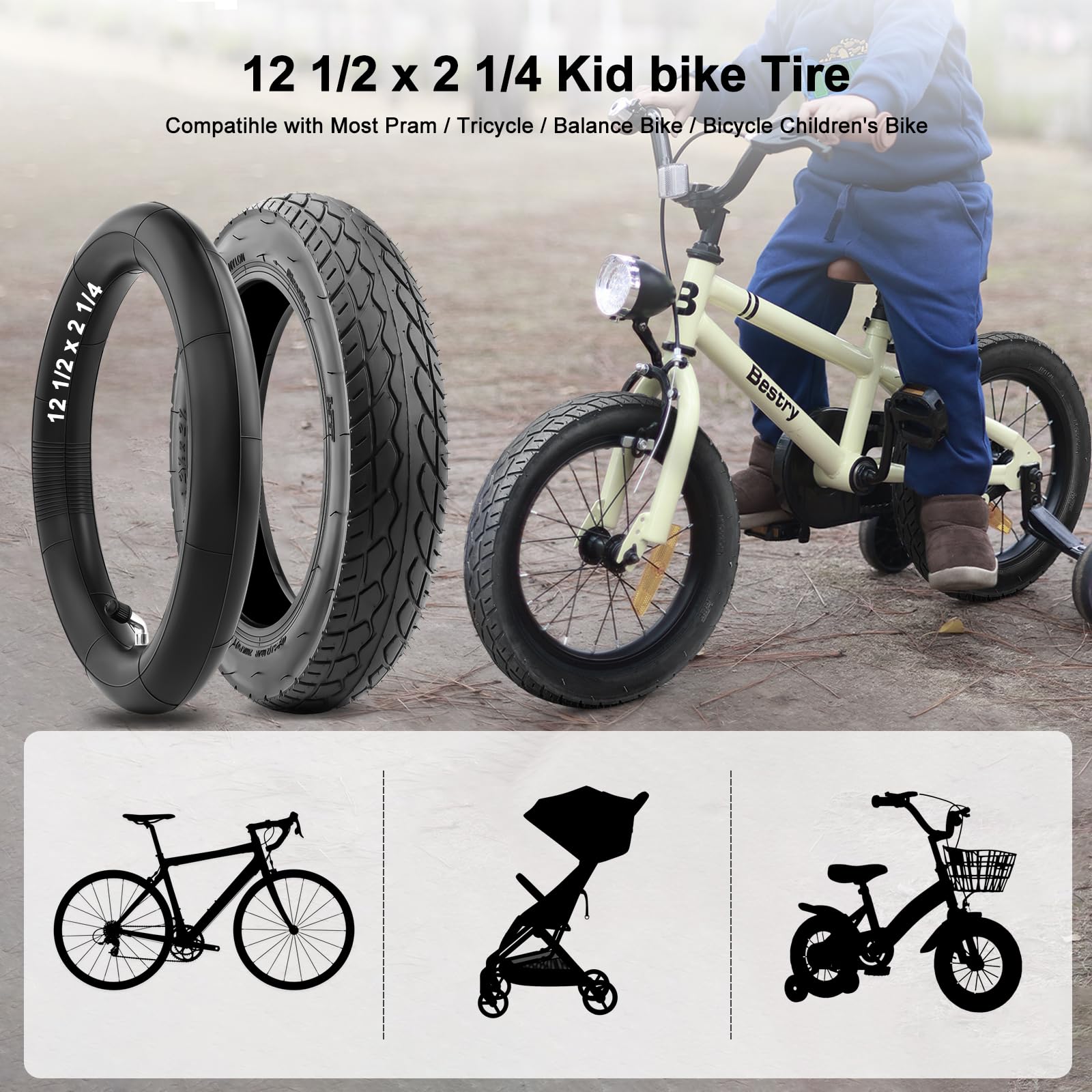 2x 12 Zoll Fahrradreifen + Schläuche – 12x2,125, Für E-Bikes, Roller & Dreiräder, 250 KPa