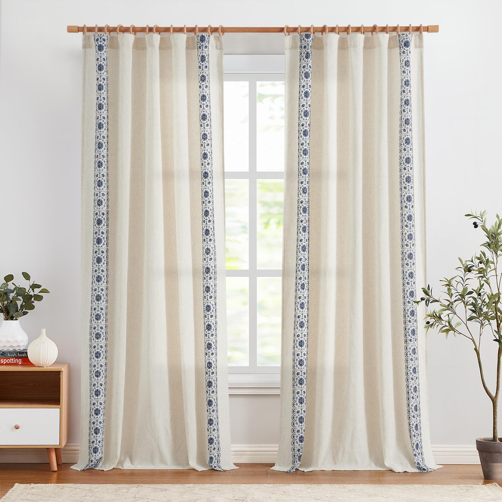 Vangao Gardinen Wohnzimmer Leinenoptik 140B x 245Hcm 2er Set Blumen Bestickte Vorhänge Schlafzimmer Modern Beige und Blau mit Stangendurchzug Boho Vintage Vorhang Lichtdurchlässig Landhausstil