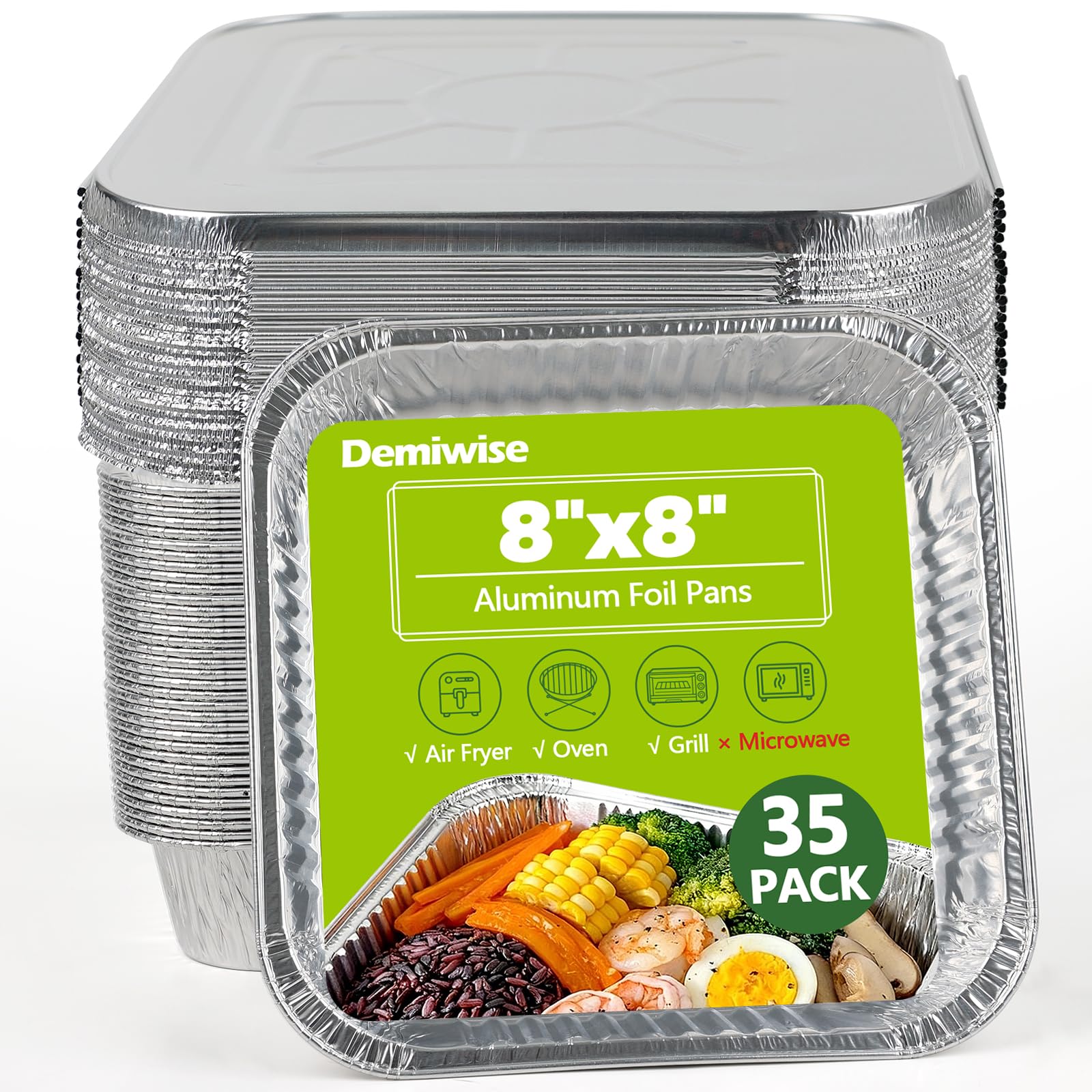 Thickened 35 Pack Heavy Duty Aluminum Pans with Lids, 8x8 Square Disposable Aluminum Baking Pans, Small Foil Pans with lids for Cooking, Meal Prep, Catering, Events, Carton Packaging