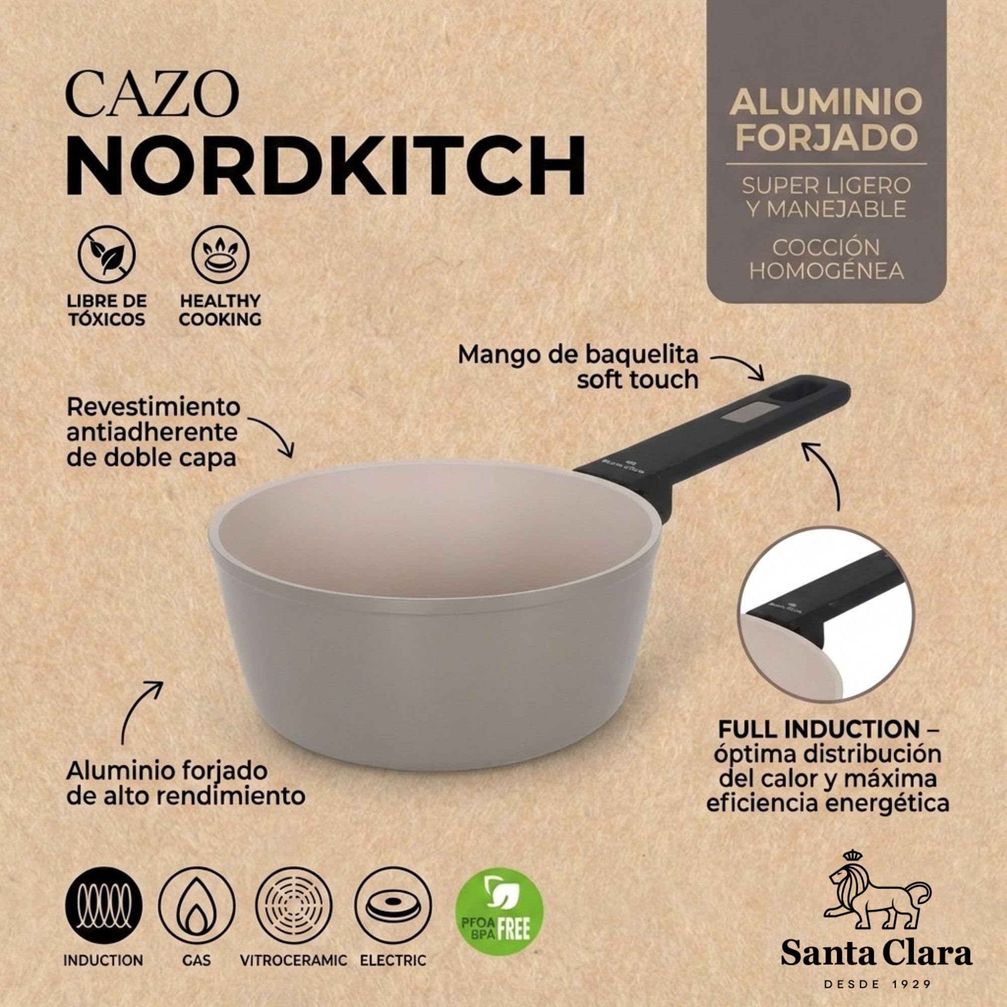 INDE SANTA CLARA | Cazo 16 cm Nordkitch aluminio forjado, cazo cocina antiadherente doble capa, full induction, apto para inducción, gas, vitro y eléctrica, ideal para salsas y calentar leche — view 2