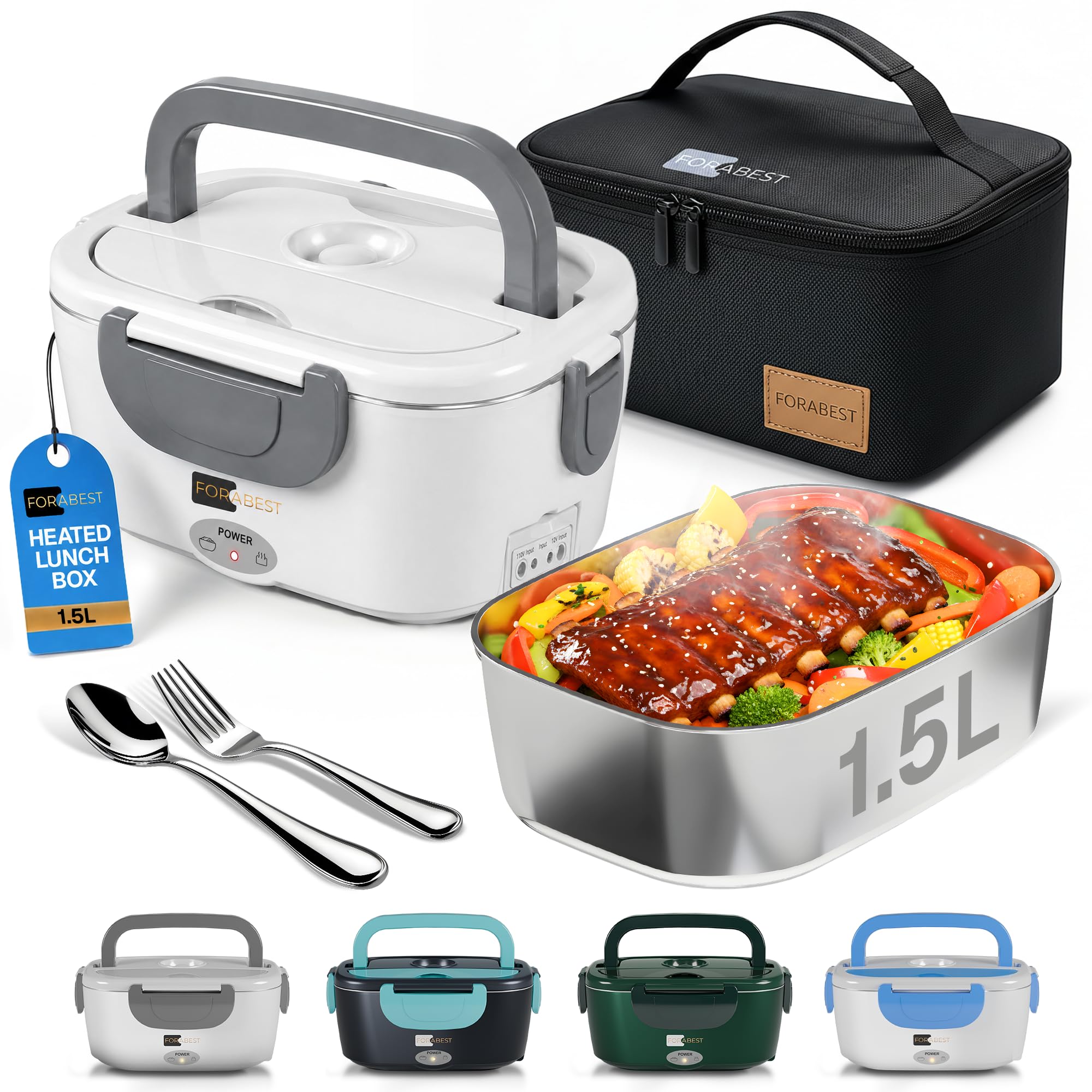 FORABEST Heated Lunch Box 1.5L Tray Electric Lunch Box for Adult White Gray