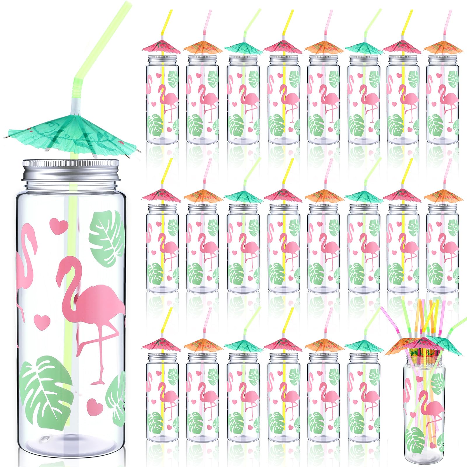 SiliFine 24 Pcs 14 oz Hawaiian Cups Flamingo Plastic Cups with Lids and Straws, Reusable Tropical Tumblers Hawaiian Clear Plastic Tumblers Fluorescent