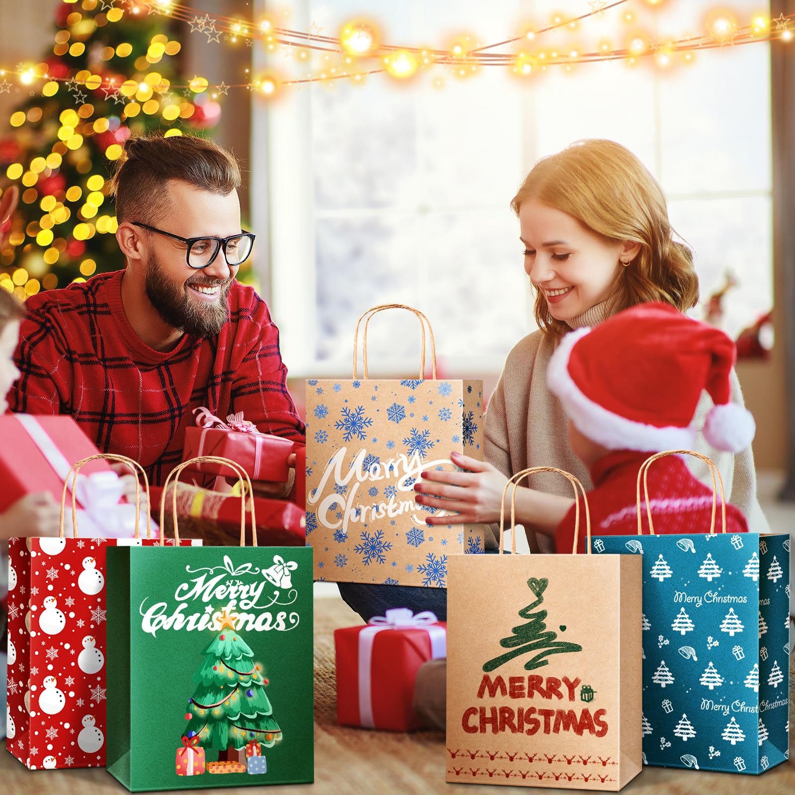 DeckTheHalls Bolsas de Navidad, pequeñas bolsas de papel kraft para vacaciones, paquete de 36 y 12 estilos de bolsas de regalo a granel con asas, bolsas de venta al por menor, bolsas de fiesta, bolsas