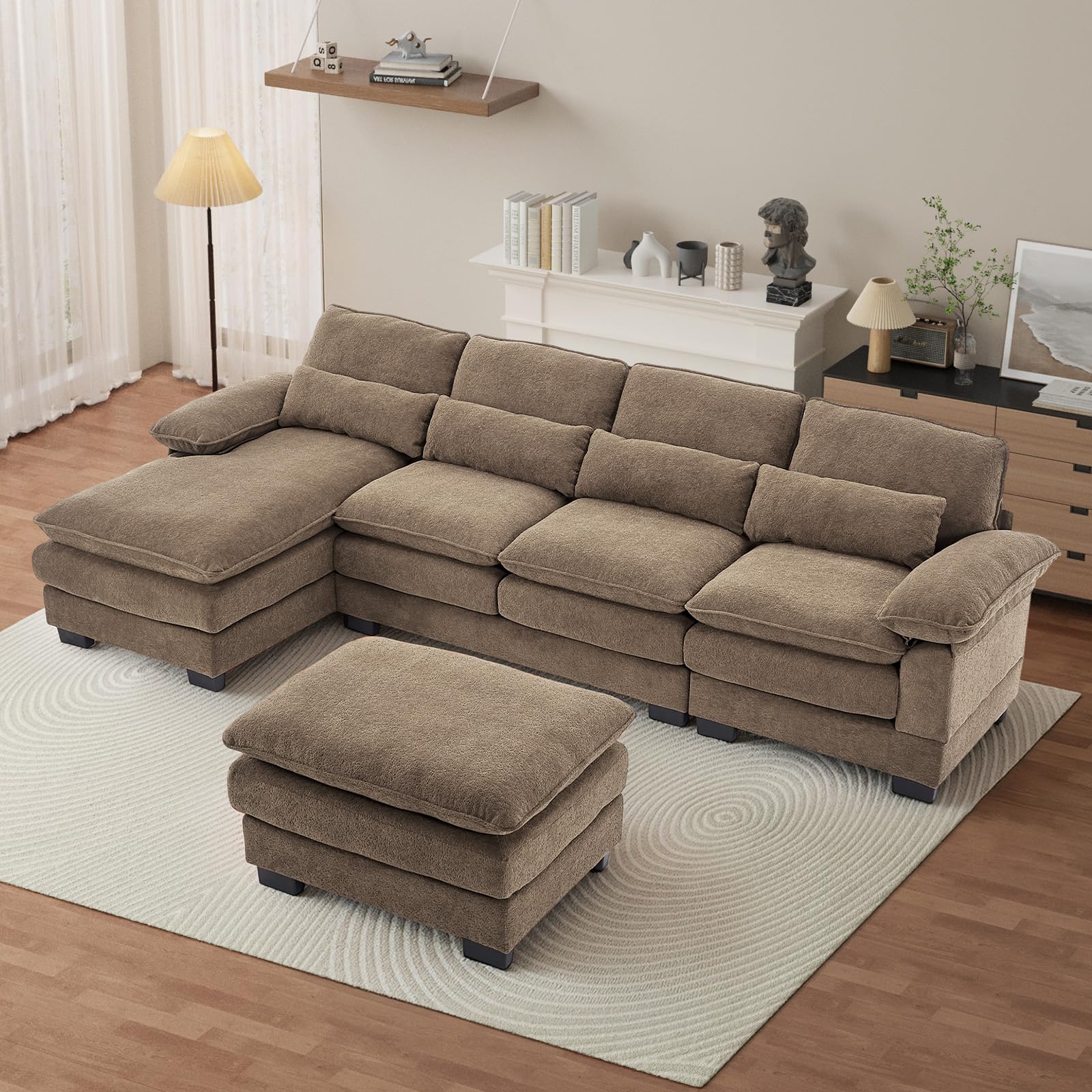 OUYESSIR 114" U Shape Sectional Cloud Couch with Ottoman,Fluffy Sectional Couches for Living Room,4 Seater Modular Sectionals Sofa,Comfy Cloud Sofas &