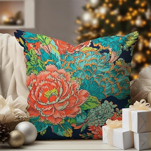 Miniatura 8 de Chinoiserie - Cojín de cojín con diseño de pagoda roja y negra, diseño de flores en acuarela, fundas de almohada decorativas asiáticas azul oscuro y