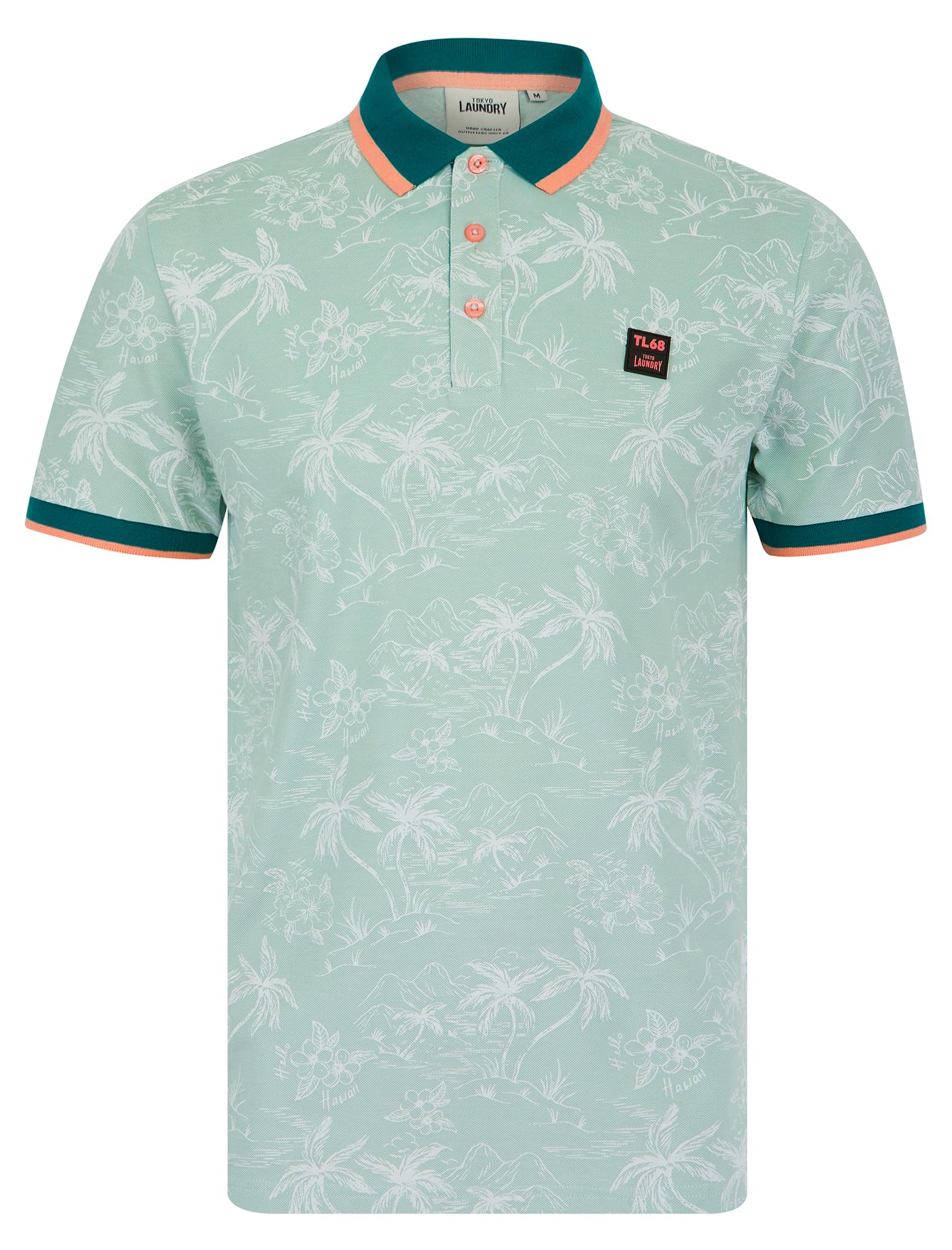 Tokyo Laundry Men's Cloud Blue 'Milo' Cotton Blend Pique Tropical Hawaiian Print Polo Shirt