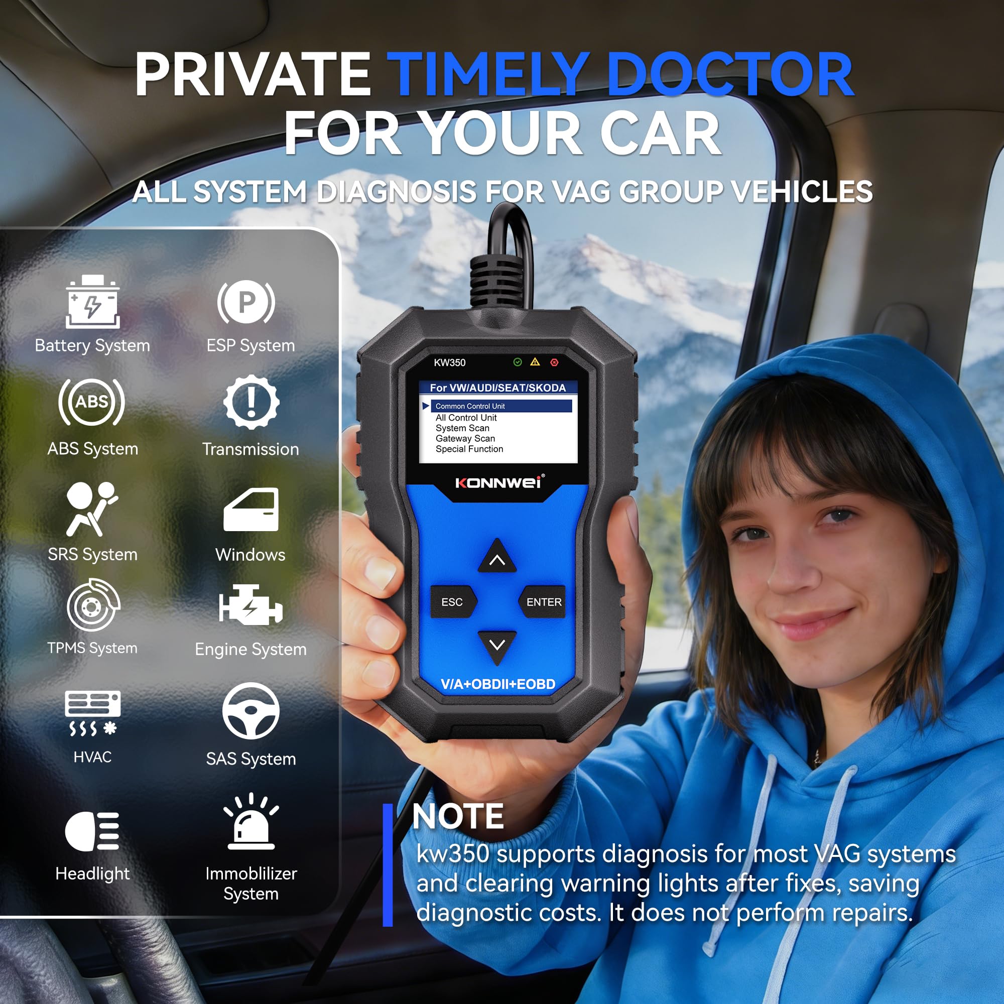 KONNWEI KW350 OBD2 urządzenie diagnostyczne do samochodu, czytnik kodów błędów do VW/Audi/Skoda/Seat, lampka kontrolna silnika OBD2, skaner z resetem oleju BMS/DKA/EPB, w języku niemieckim
